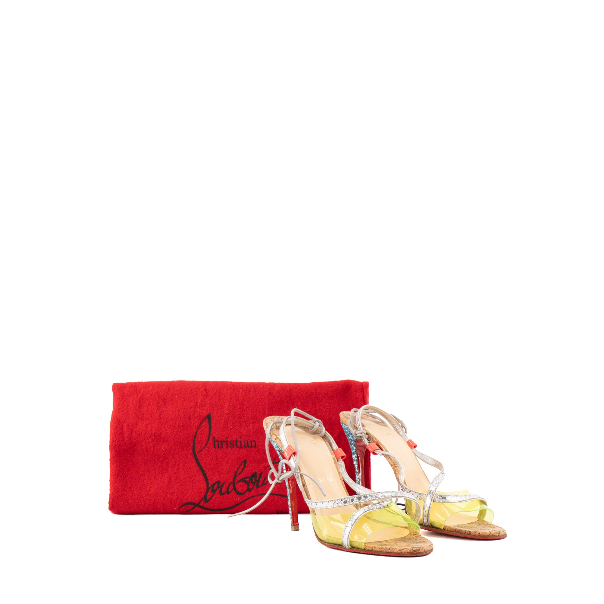 LOUBOUTIN - Sandales à talons Louboutin en PVC jaune, cuir argenté et paillettes bleues (T39)