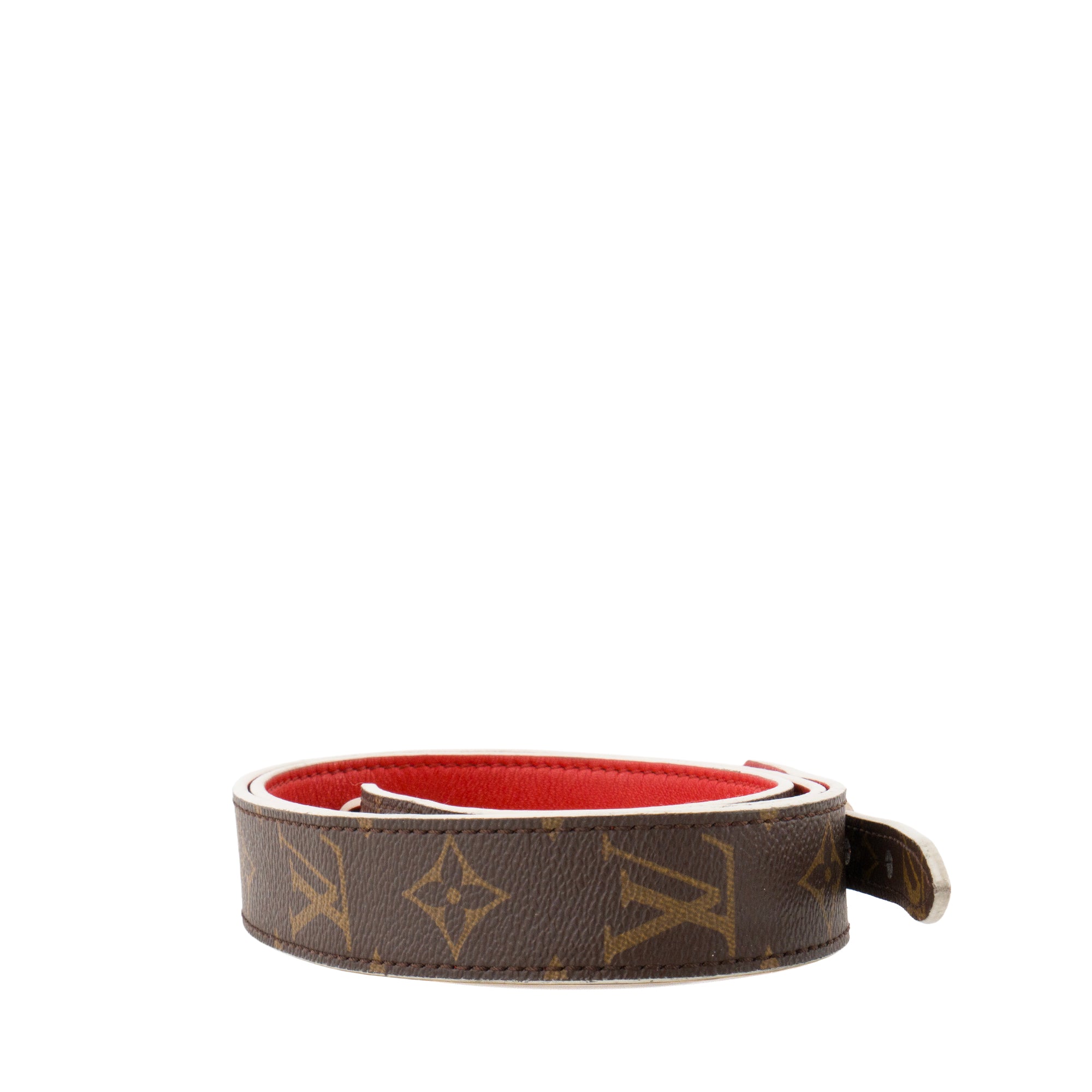 LOUIS VUITTON - Bandoulière de sac Louis Vuitton en toile enduite monogrammée et cuir rouge