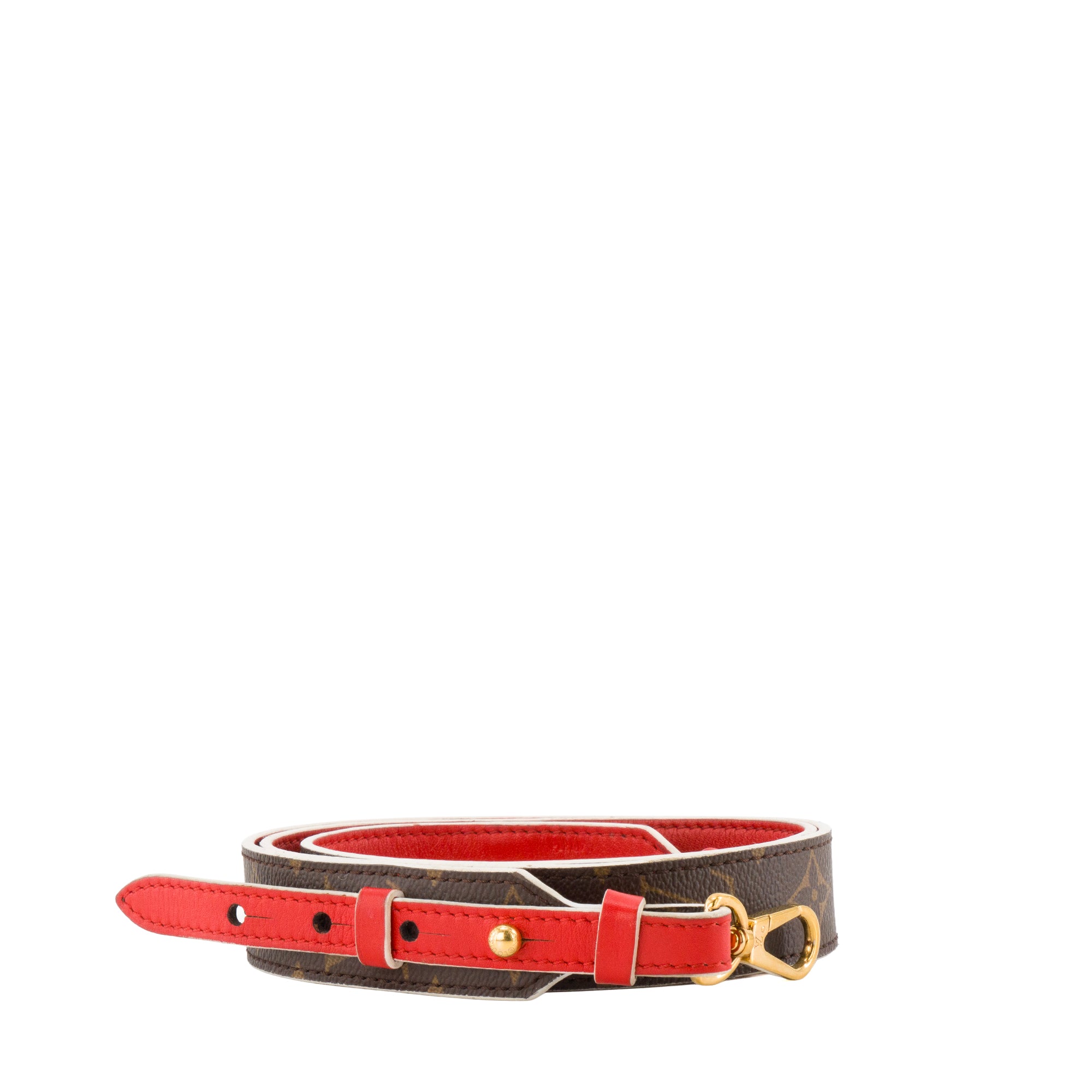 LOUIS VUITTON - Bandoulière de sac Louis Vuitton en toile enduite monogrammée et cuir rouge