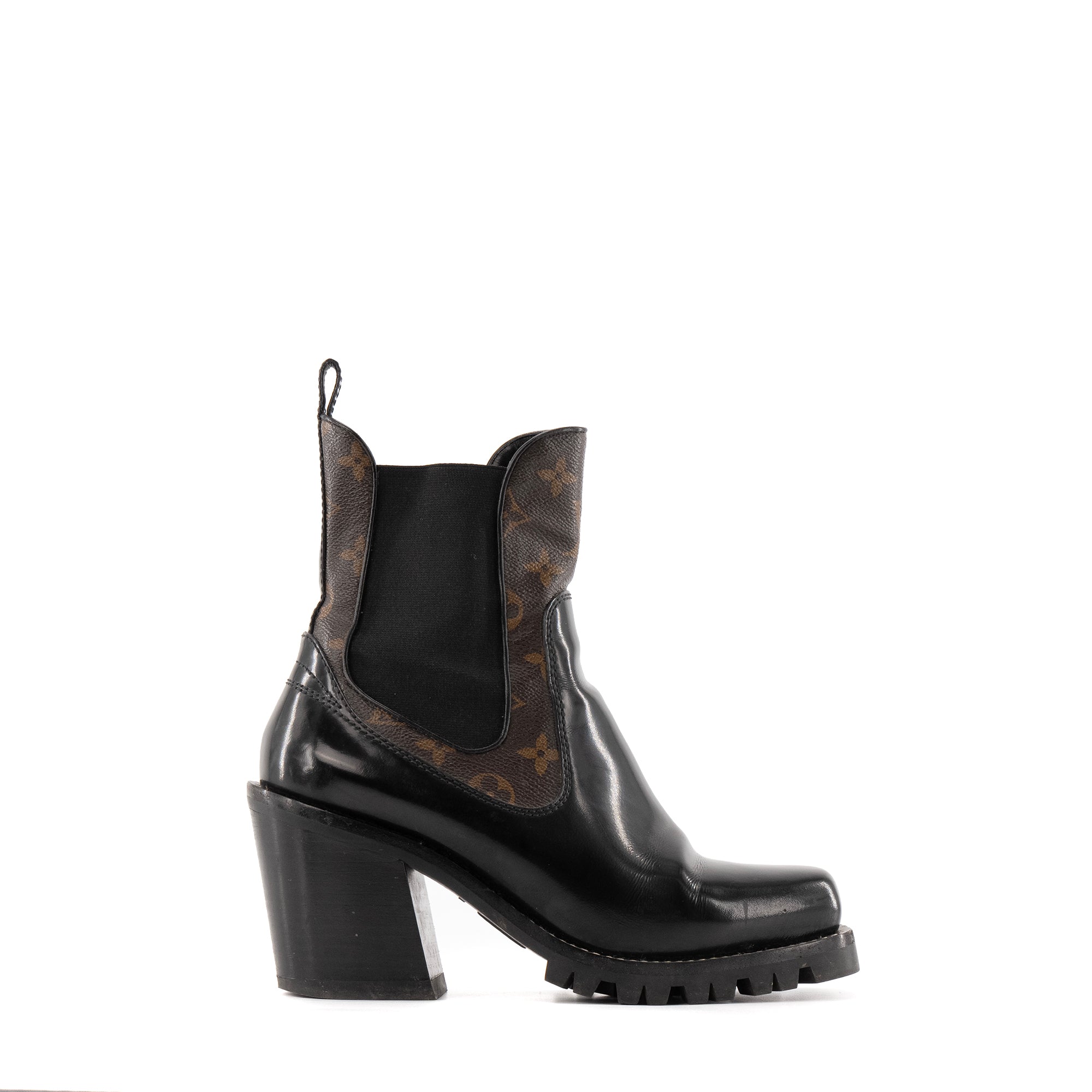 LOUIS VUITTON - Bottines Louis Vuitton en toile enduite et cuir verni noir (T39)