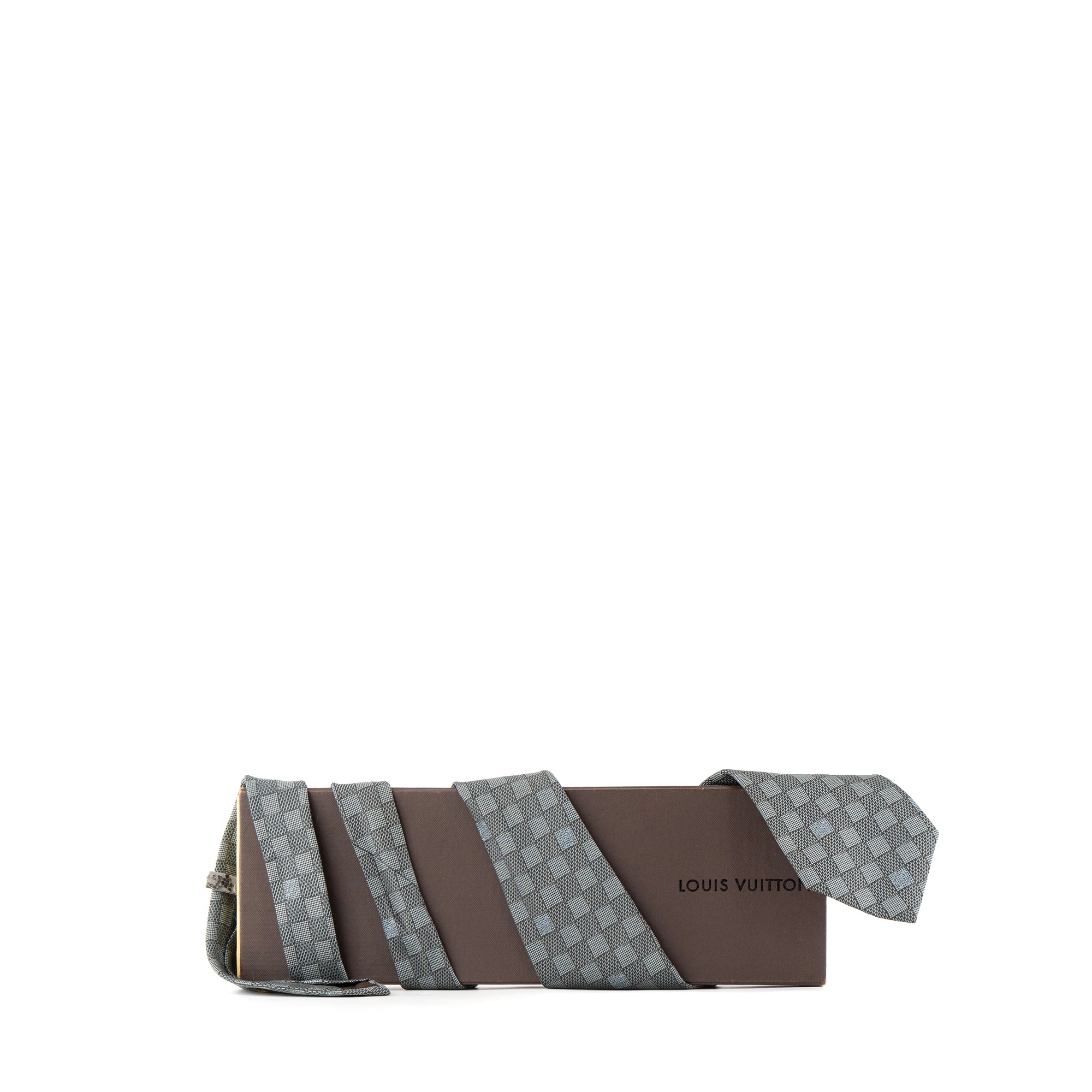 LOUIS VUITTON - Cravate Louis Vuitton en soie à motif damier bleu et marron