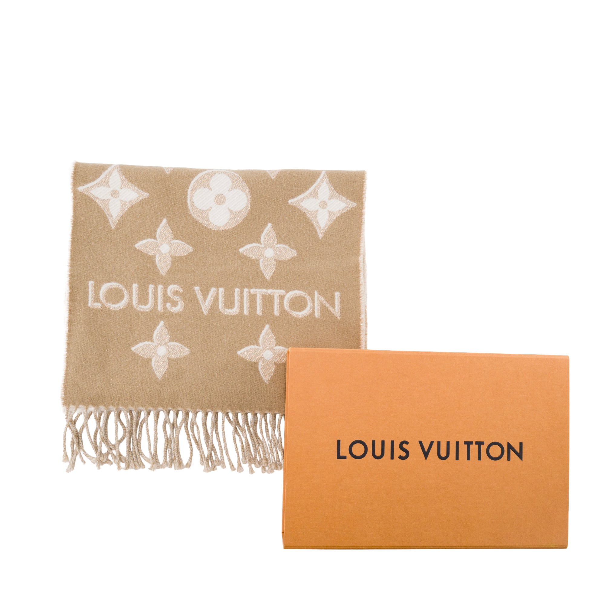 LOUIS VUITTON - Écharpe Essential Louis Vuitton en laine beige et blanche monogrammée