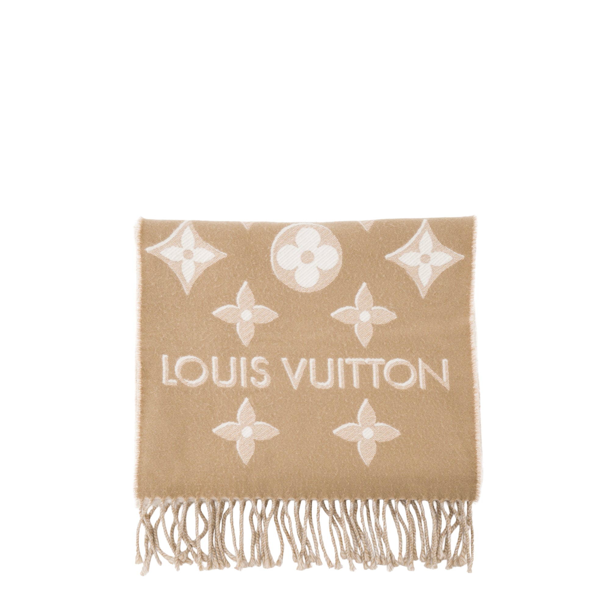 LOUIS VUITTON - Écharpe Essential Louis Vuitton en laine beige et blanche monogrammée