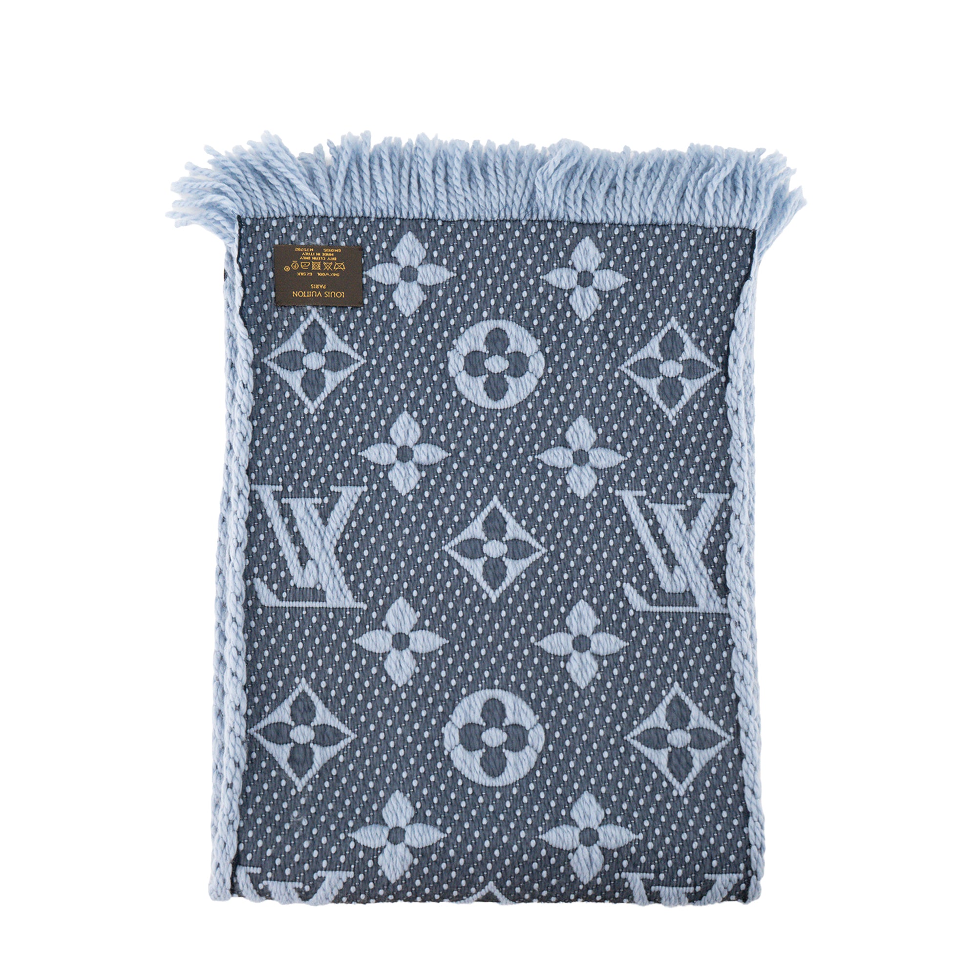 LOUIS VUITTON - Écharpe Logomania Louis Vuitton en laine bleue et soie grise