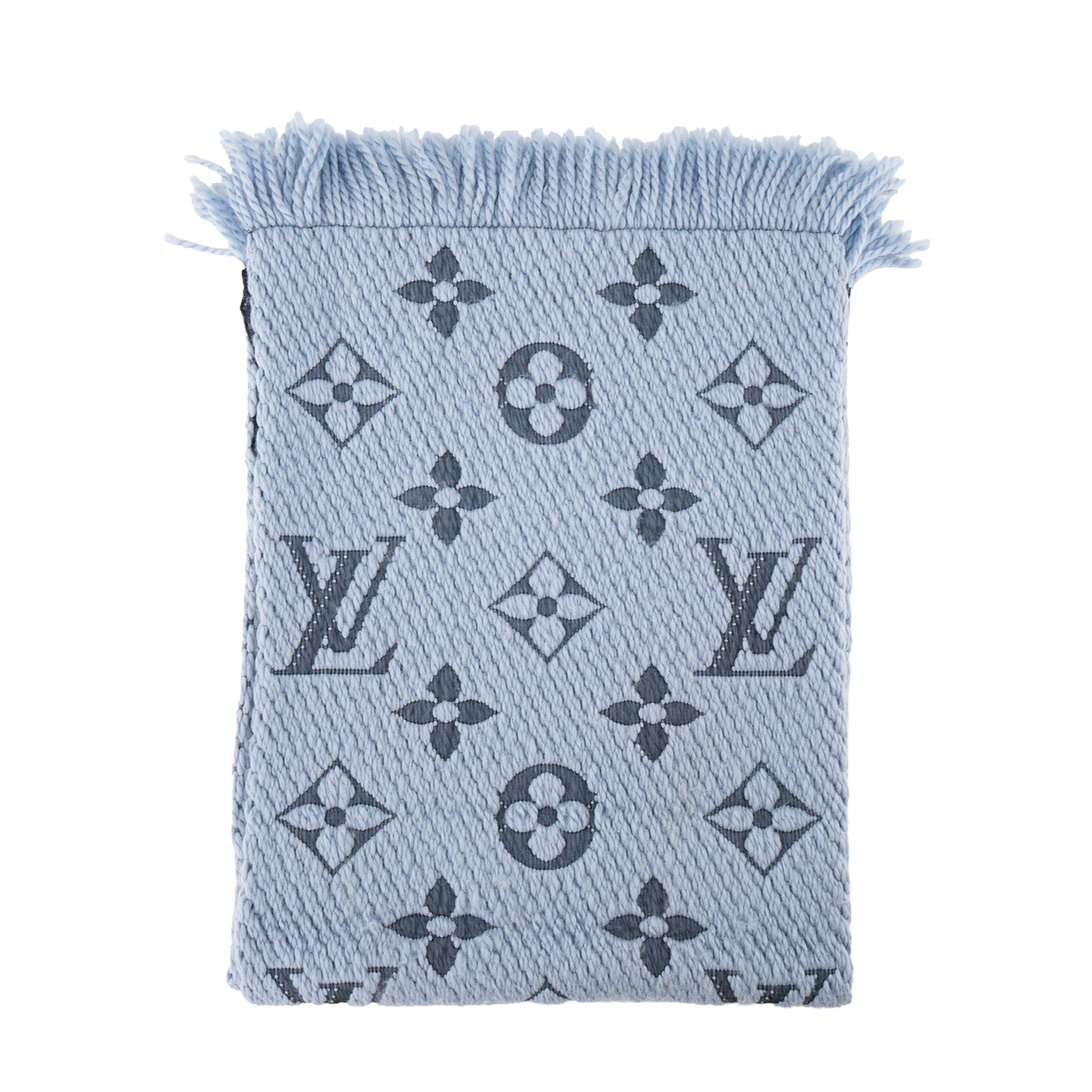 LOUIS VUITTON - Écharpe Logomania Louis Vuitton en laine bleue et soie grise