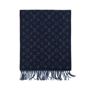 LOUIS VUITTON - Écharpe Monogram Classic Louis Vuitton en cachemire et laine bleu marine