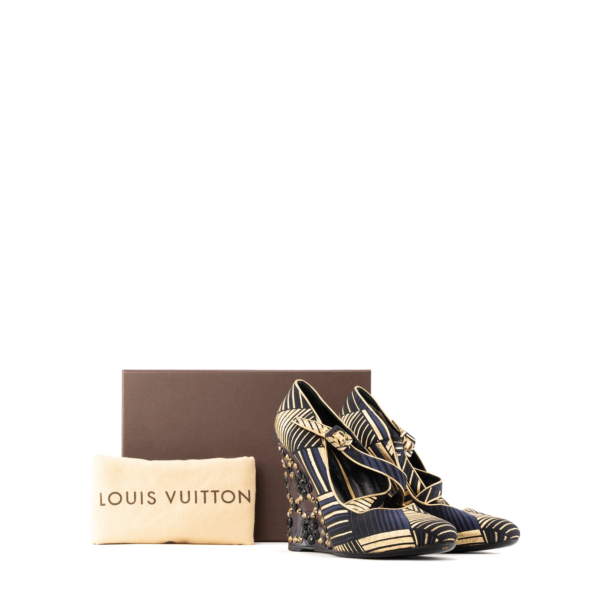 LOUIS VUITTON - Escarpins compensés Louis Vuitton en toile multicolore et strass (T39)