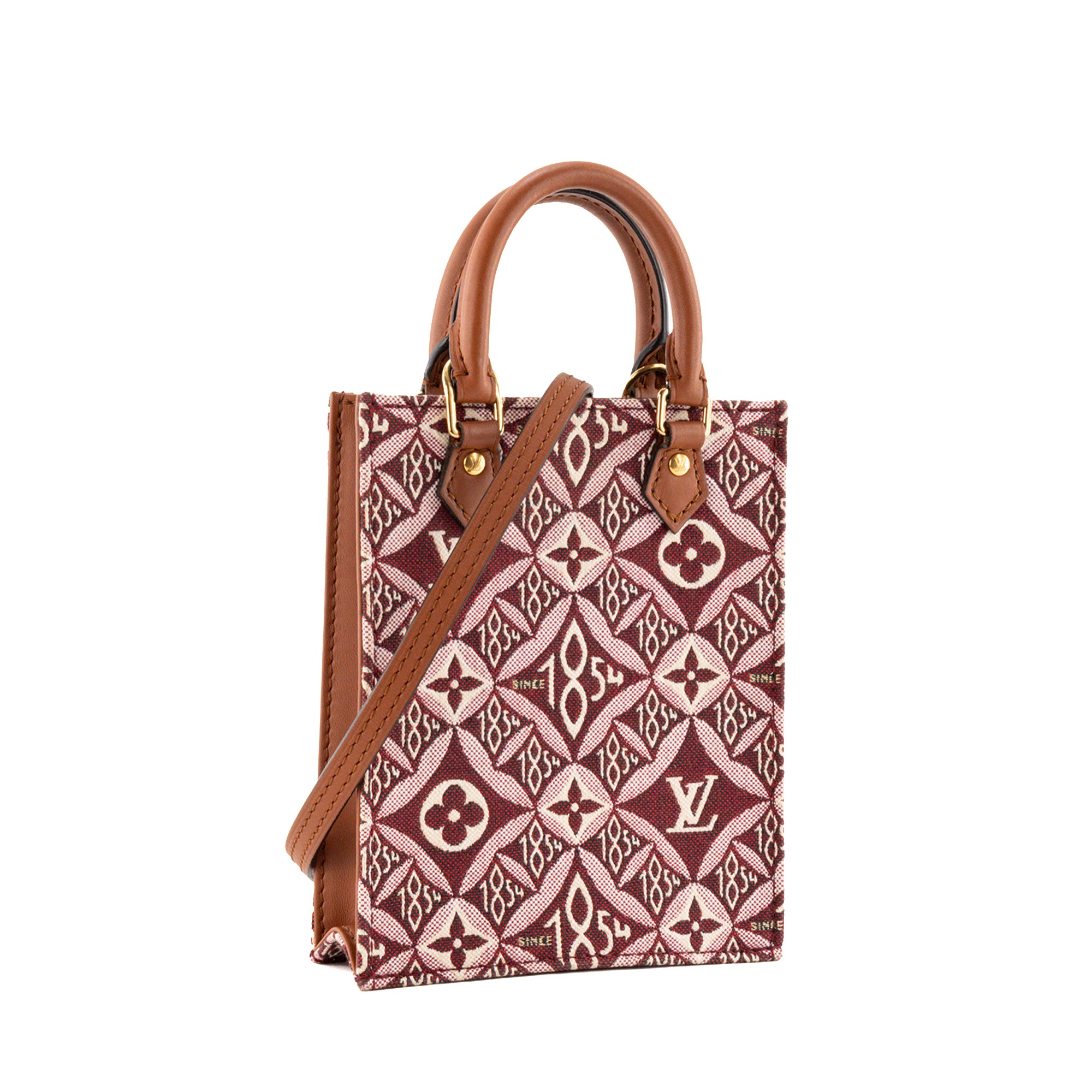 LOUIS VUITTON - Sac à bandoulière Cabas Plat Since 1854 PM Louis Vuitton en toile jacquard bordeaux et beige édition limitée