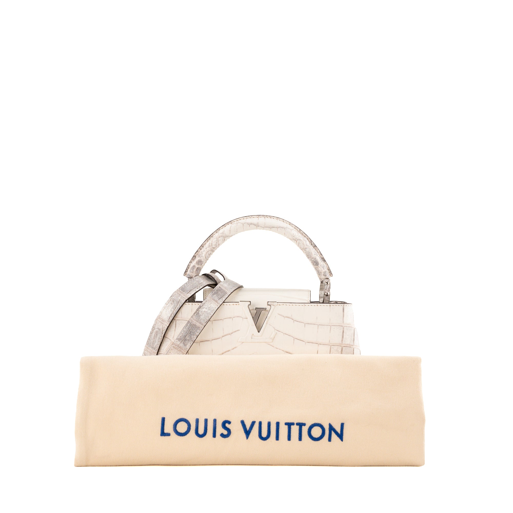 LOUIS VUITTON - Sac à bandoulière Capucines BB Himalaya Louis Vuitton en cuir exotique crocodile niloticus blanc et gris
