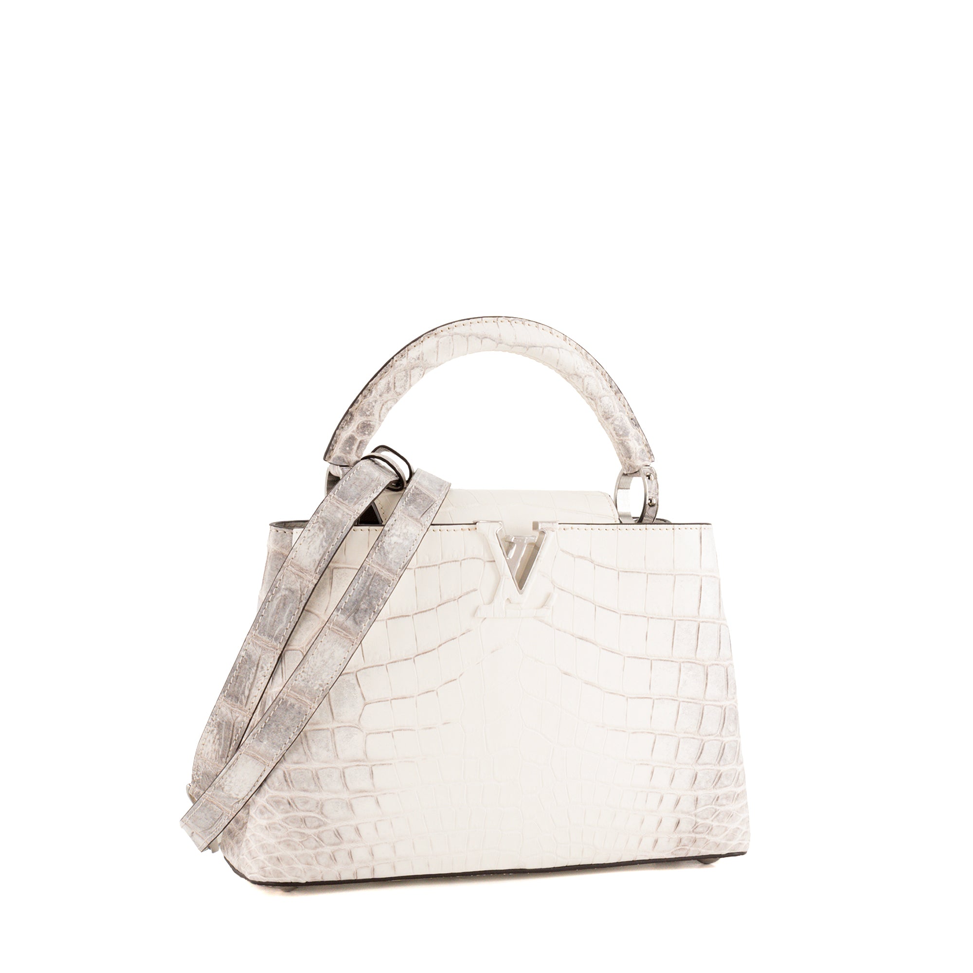 LOUIS VUITTON - Sac à bandoulière Capucines BB Himalaya Louis Vuitton en cuir exotique crocodile niloticus blanc et gris