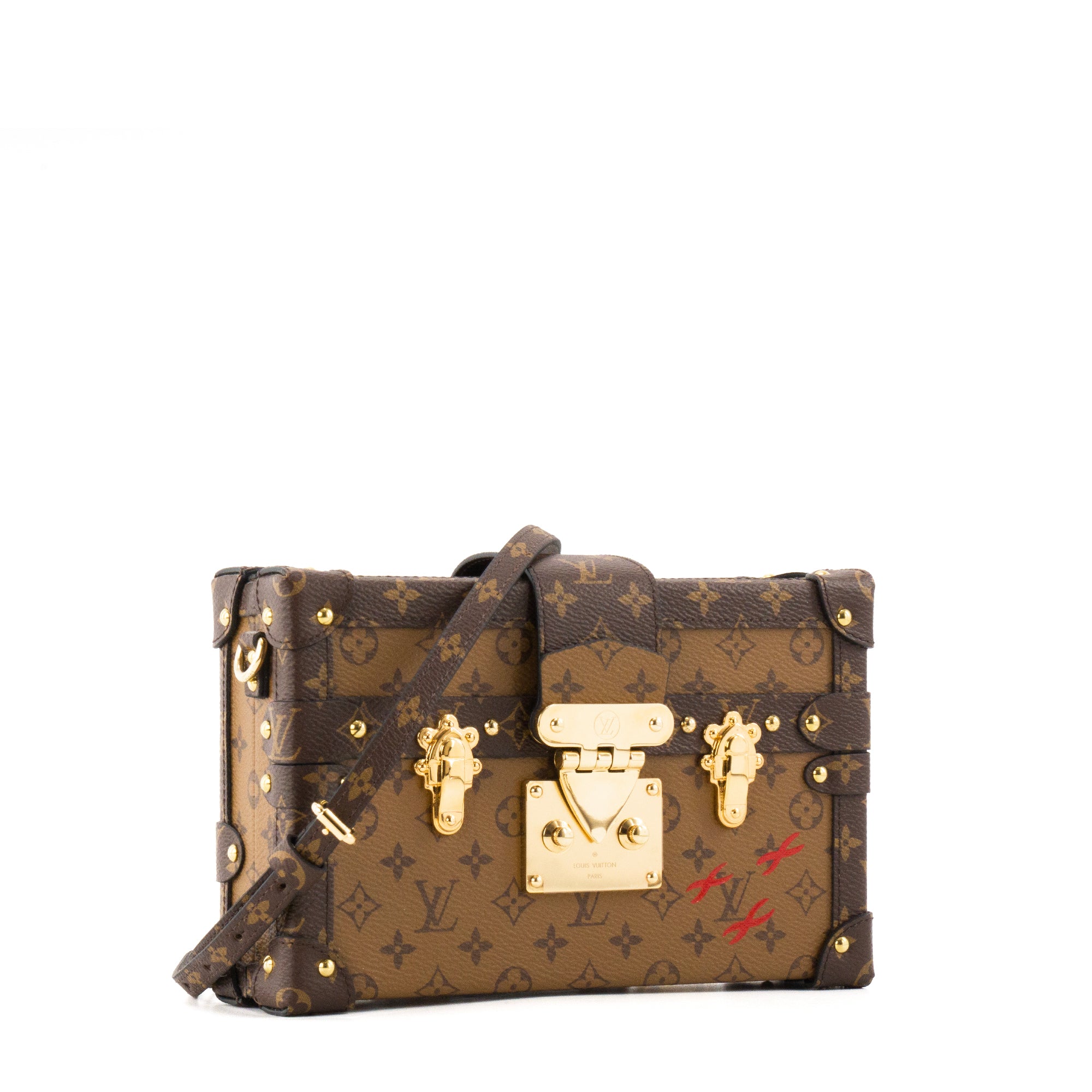 LOUIS VUITTON - Sac à bandoulière Petite Malle Louis Vuitton en toile enduite monogrammée marron