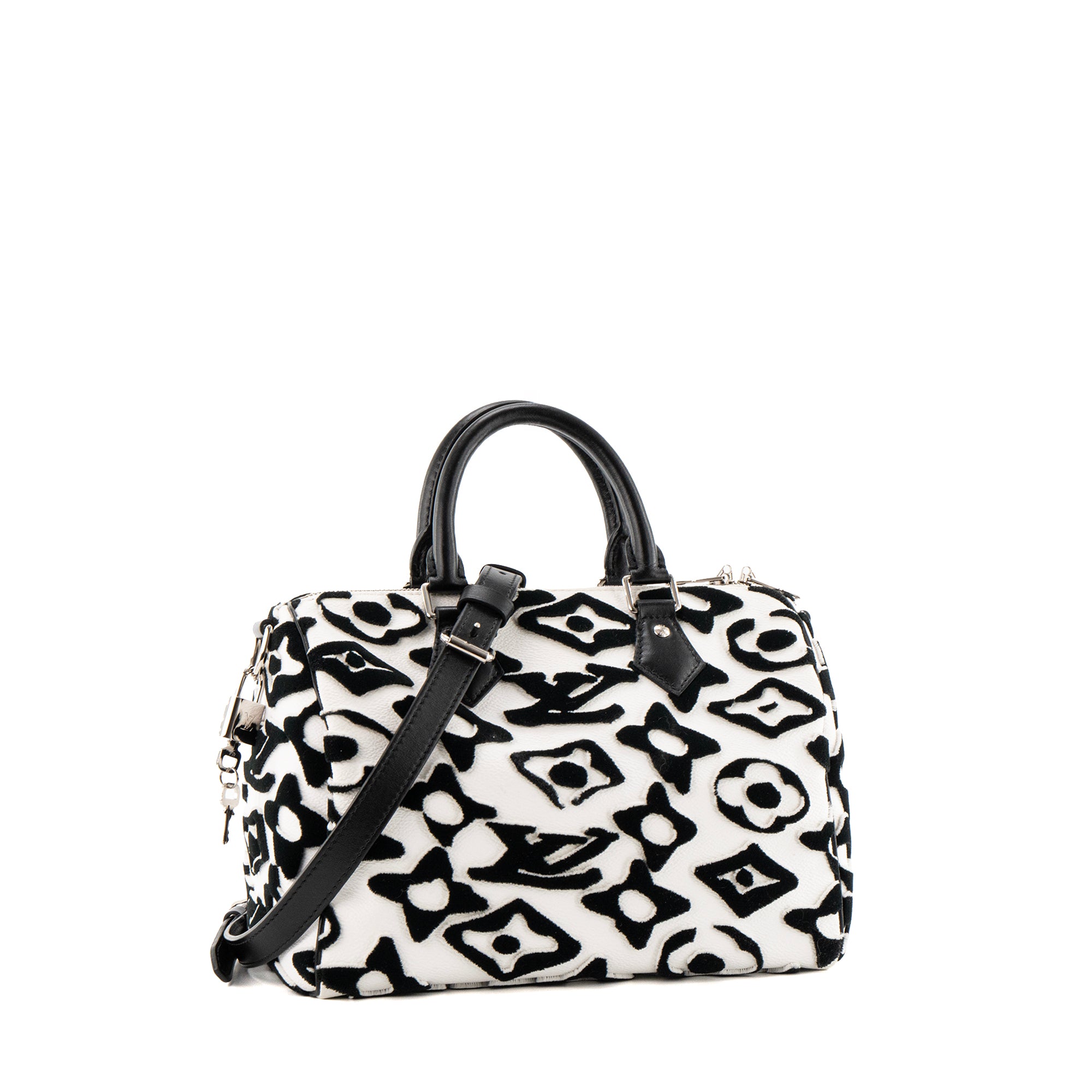 LOUIS VUITTON - Sac à bandoulière Speedy 25 Louis Vuitton x Urs Fisher en cuir grainé blanc et tuftage noir édition limitée