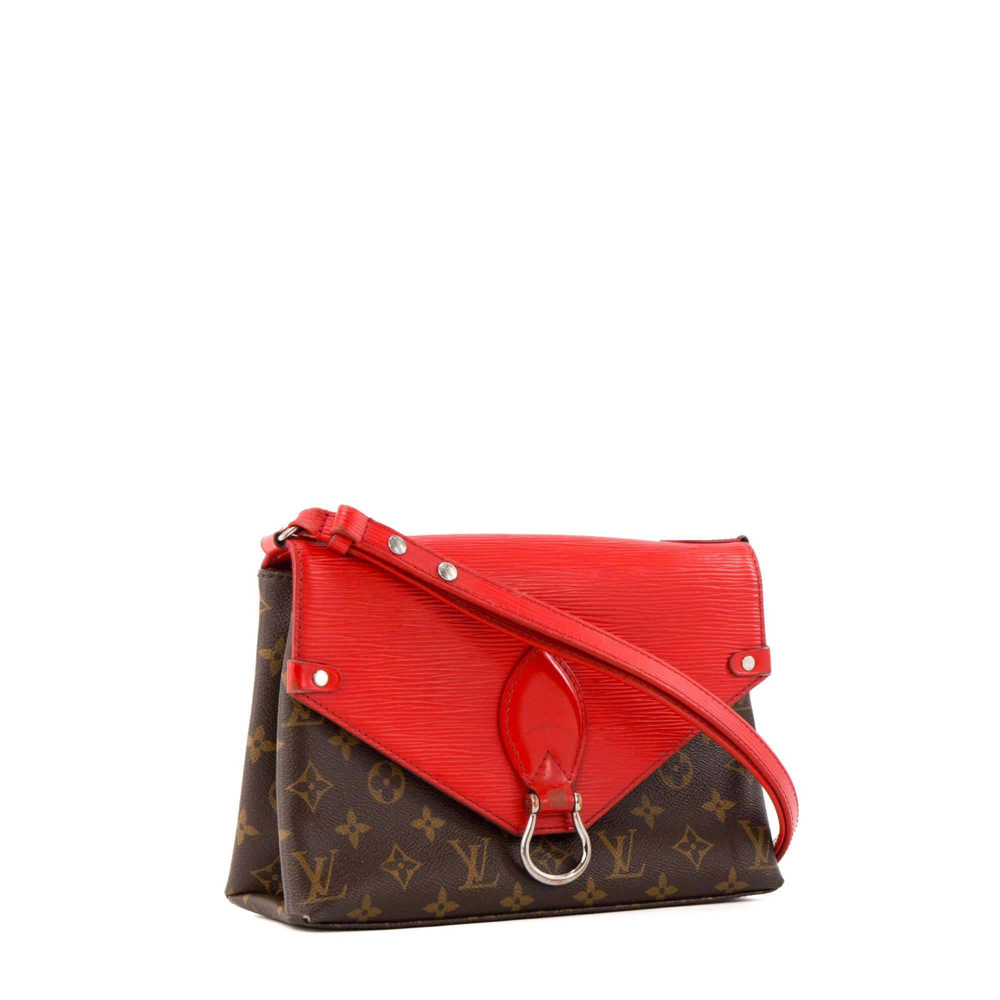 LOUIS VUITTON - Sac à bandoulière Saint Michel Louis Vuitton en cuir épi rouge et toile monogrammée marron