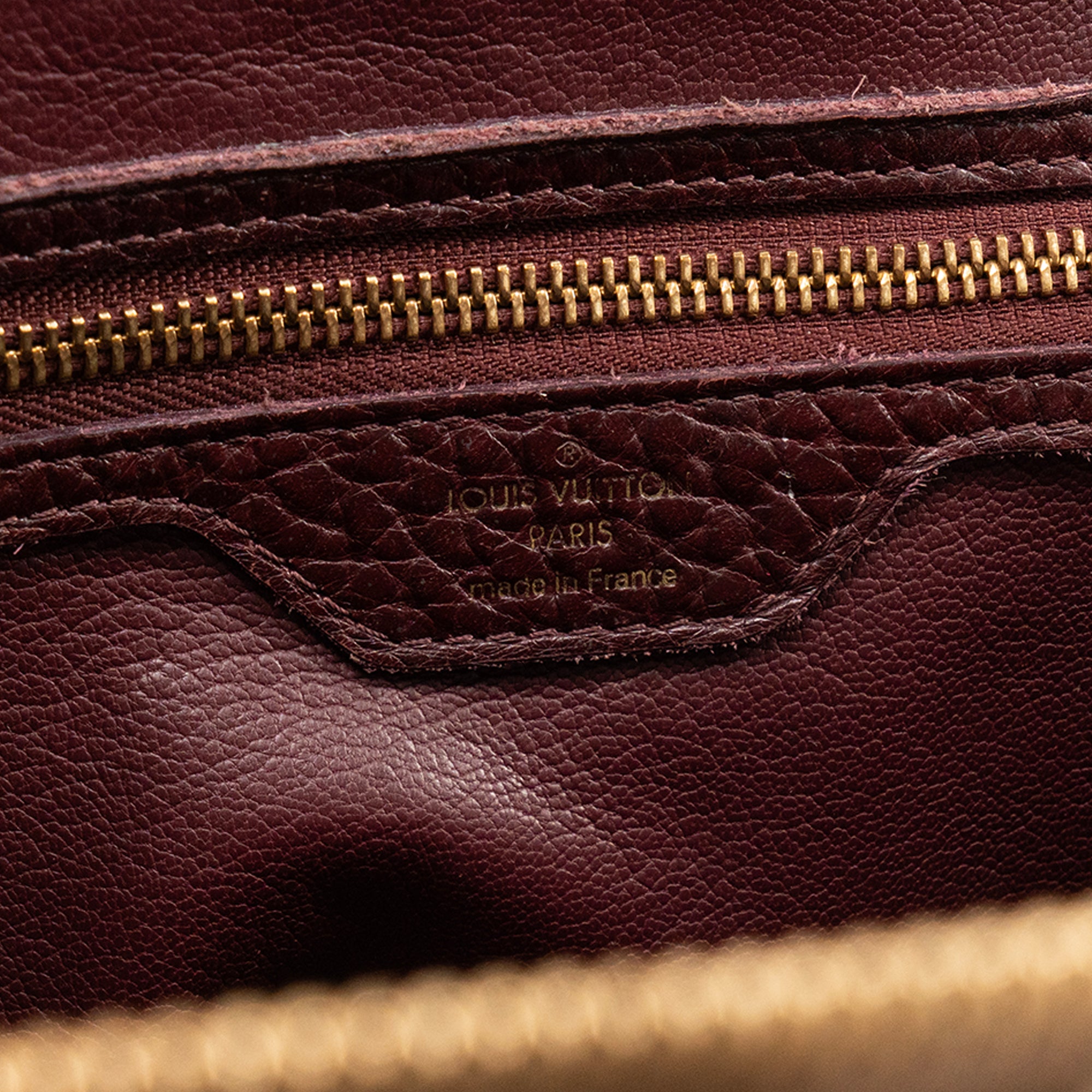 LOUIS VUITTON - Sac à main Majestueux Louis Vuitton en toile enduite et cuirs exotiques marron et bordeaux