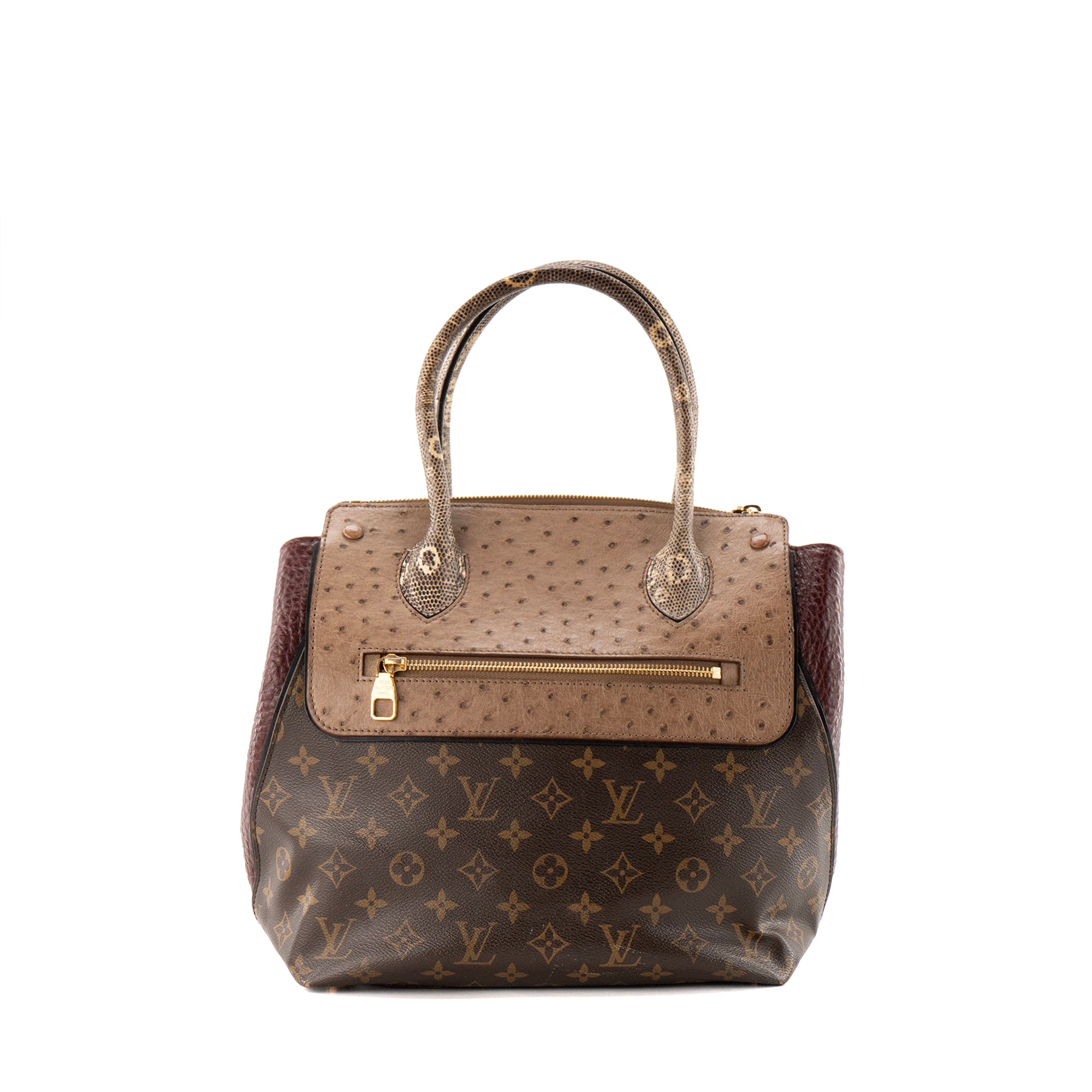 LOUIS VUITTON - Sac à main Majestueux Louis Vuitton en toile enduite et cuirs exotiques marron et bordeaux