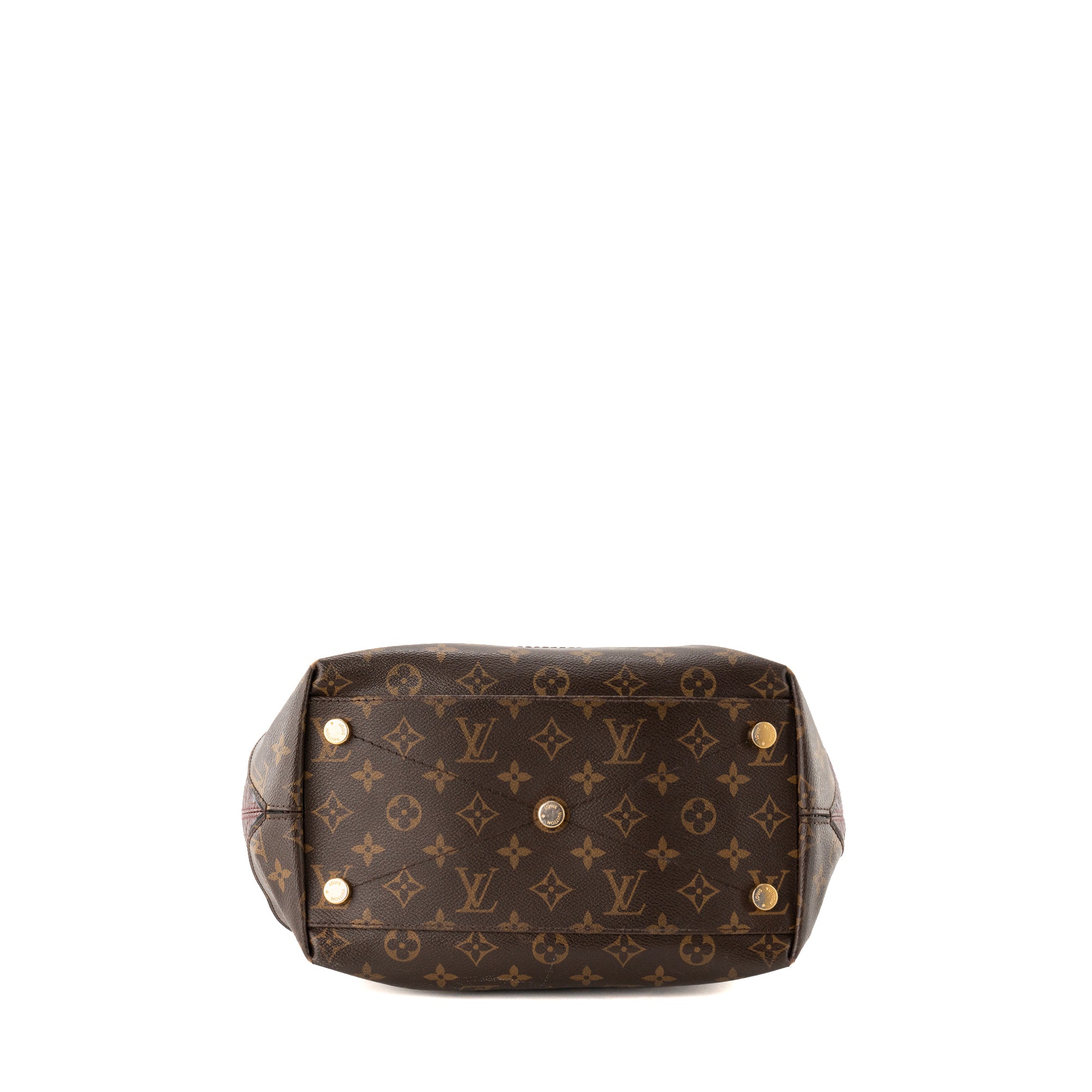LOUIS VUITTON - Sac à main Majestueux Louis Vuitton en toile enduite et cuirs exotiques marron et bordeaux