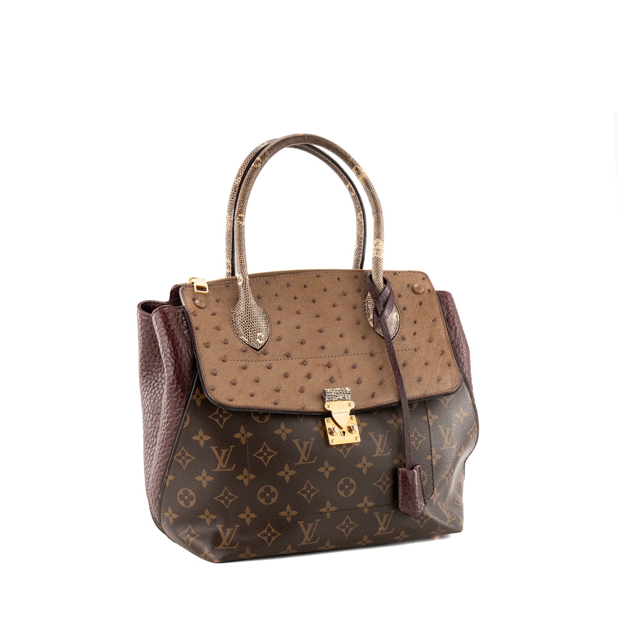 LOUIS VUITTON - Sac à main Majestueux Louis Vuitton en toile enduite et cuirs exotiques marron et bordeaux