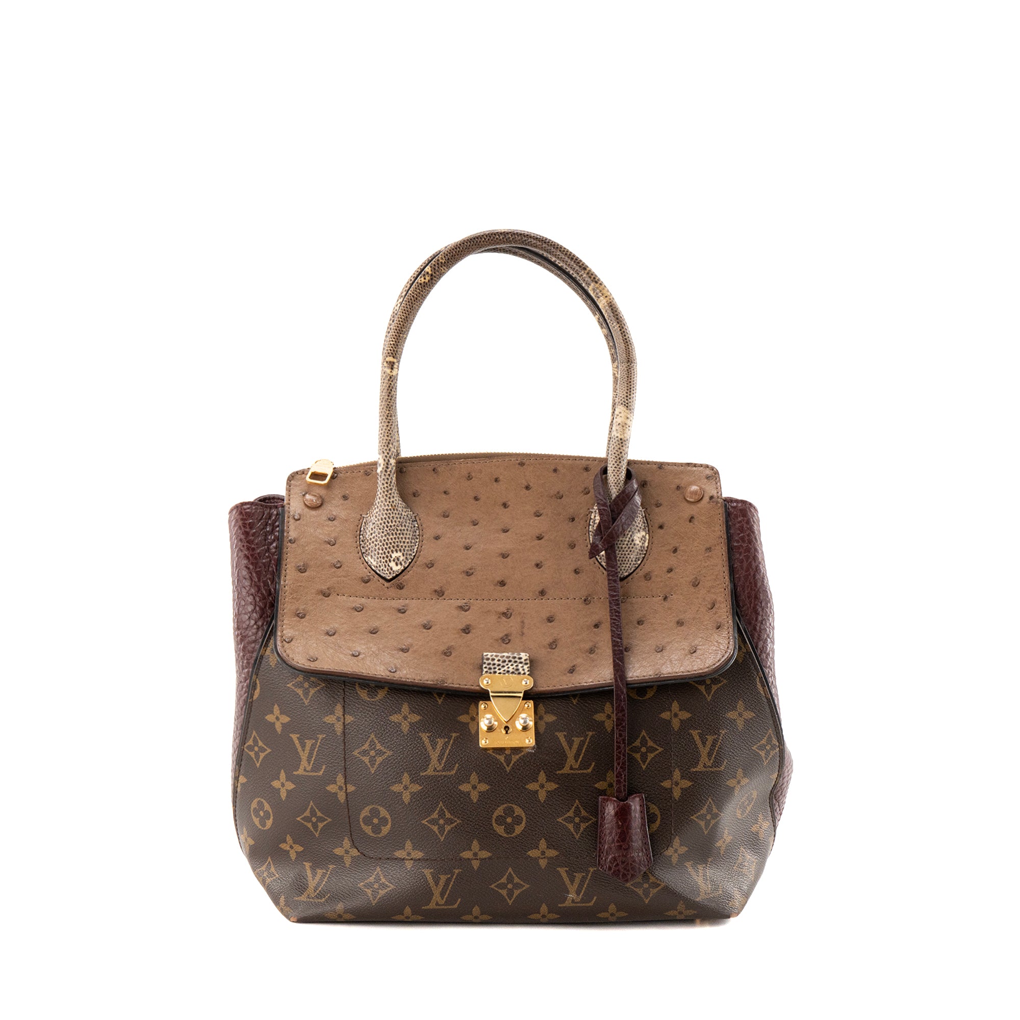 LOUIS VUITTON - Sac à main Majestueux Louis Vuitton en toile enduite et cuirs exotiques marron et bordeaux