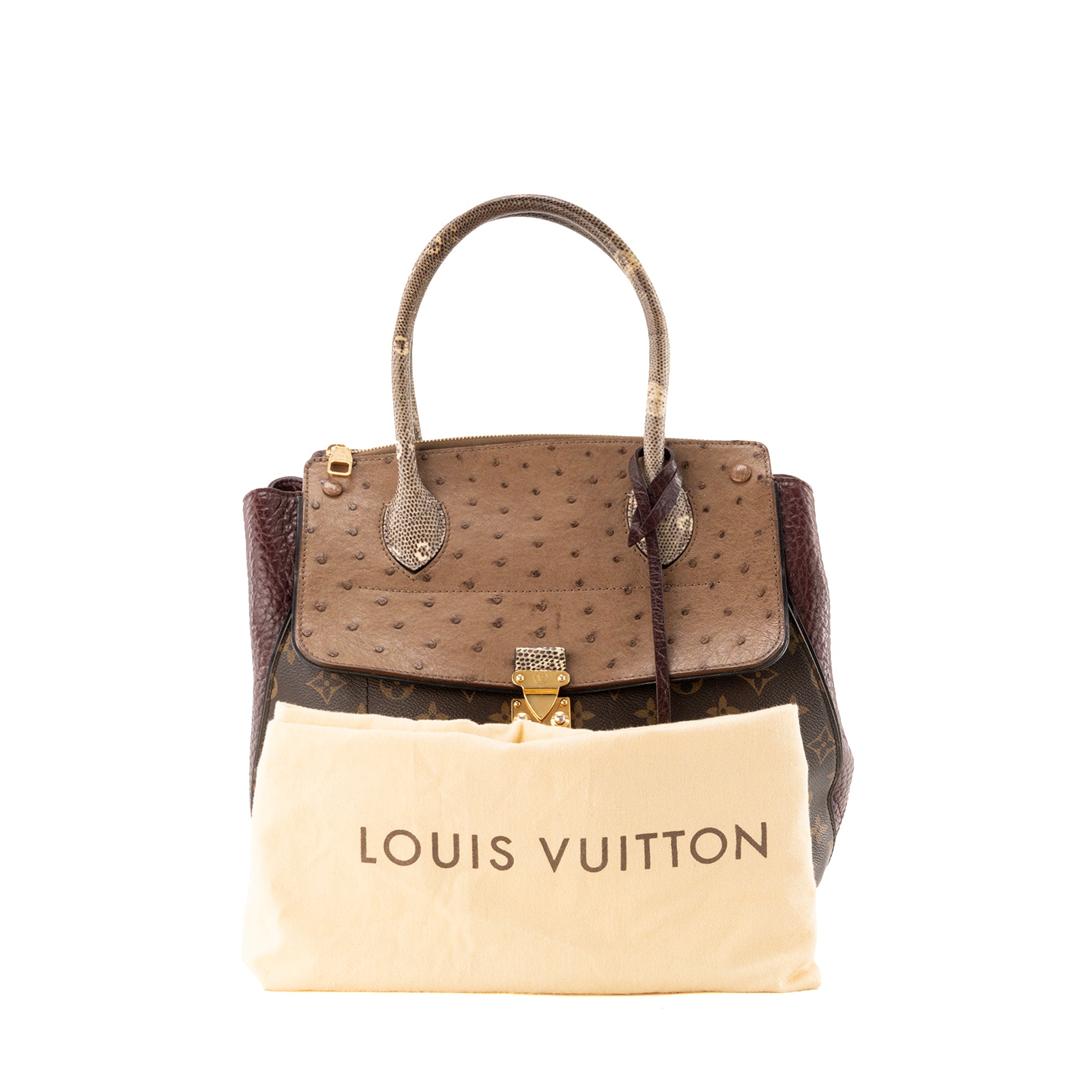 LOUIS VUITTON - Sac à main Majestueux Louis Vuitton en toile enduite et cuirs exotiques marron et bordeaux