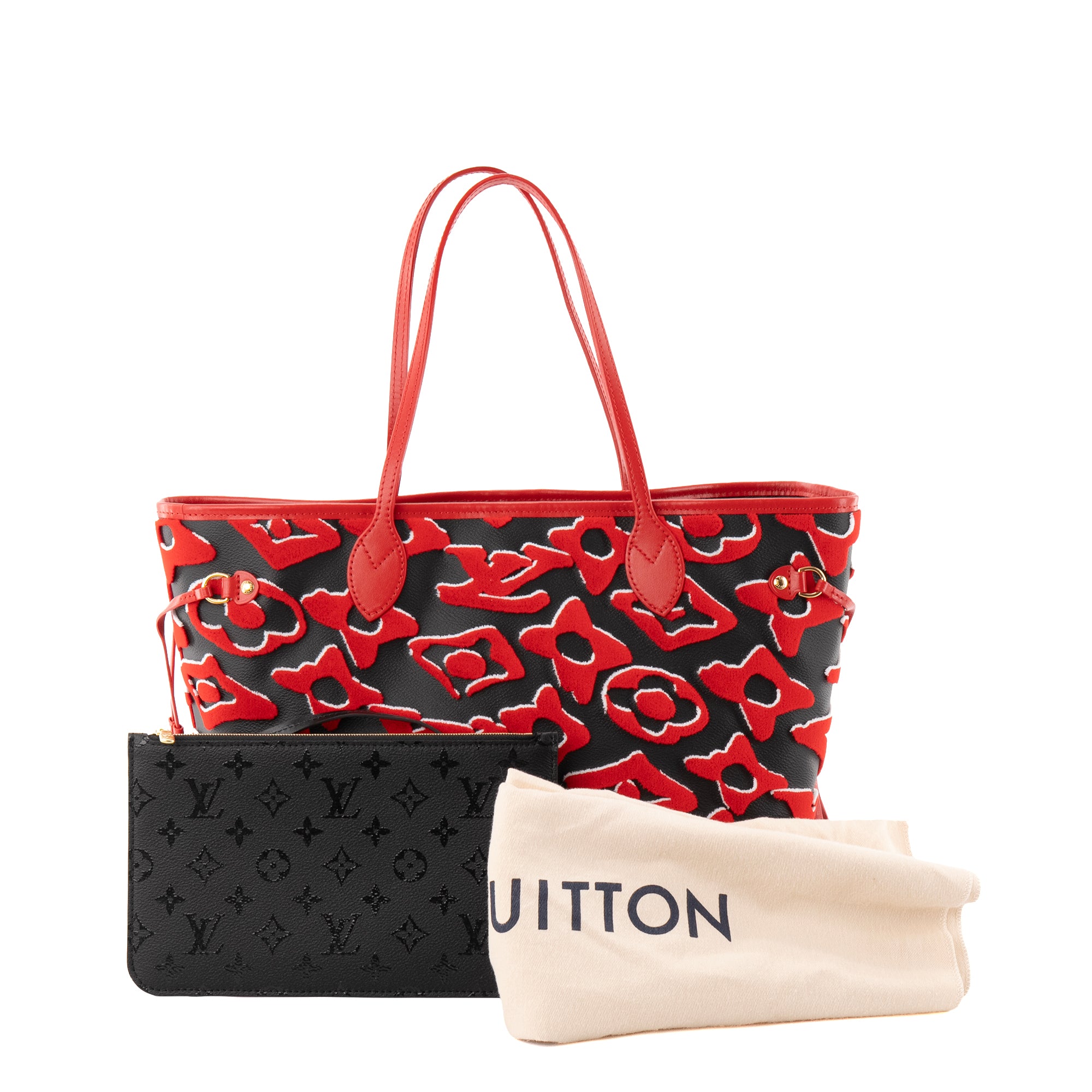 LOUIS VUITTON - Sac cabas Neverfull MM URS Fischer Louis Vuitton en toile enduite noir et velours rouge