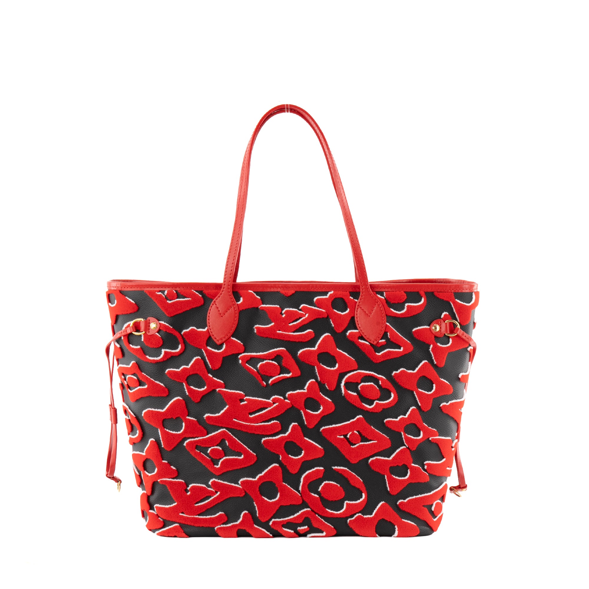 LOUIS VUITTON - Sac cabas Neverfull MM URS Fischer Louis Vuitton en toile enduite noir et velours rouge