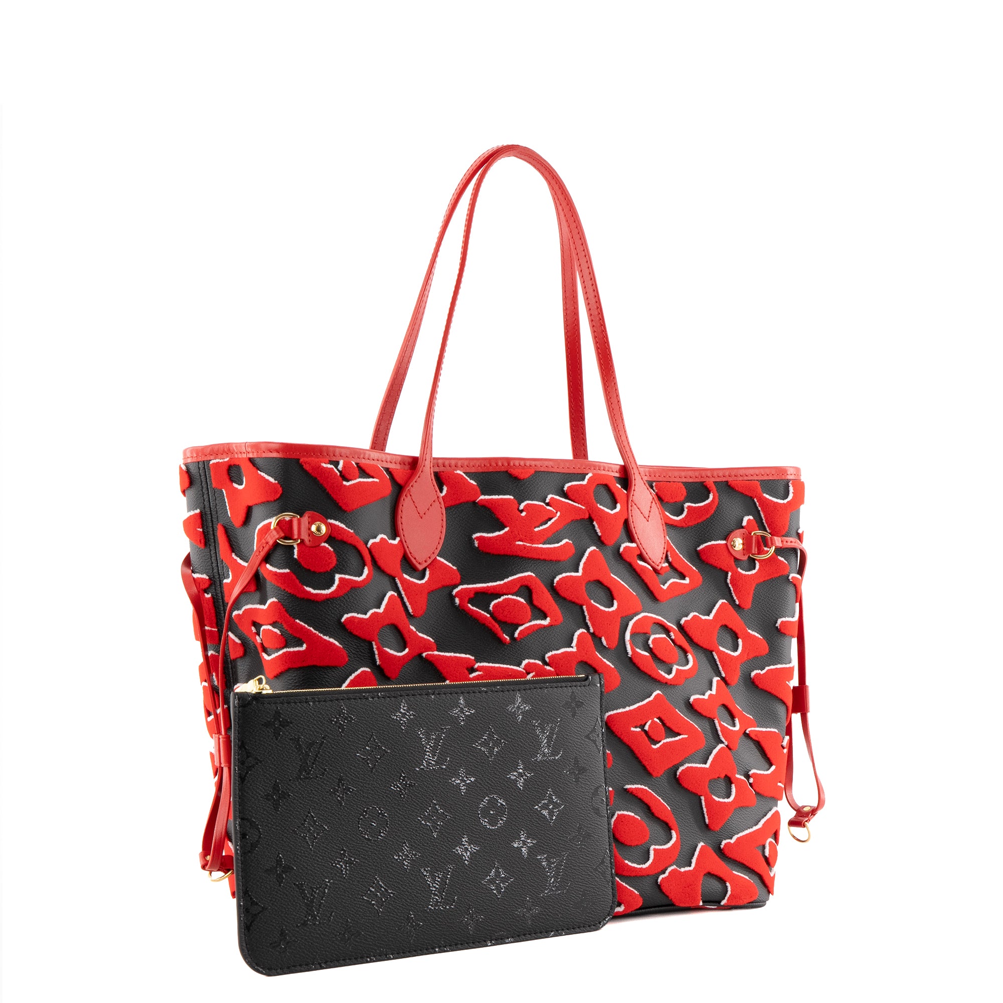 LOUIS VUITTON - Sac cabas Neverfull MM URS Fischer Louis Vuitton en toile enduite noir et velours rouge