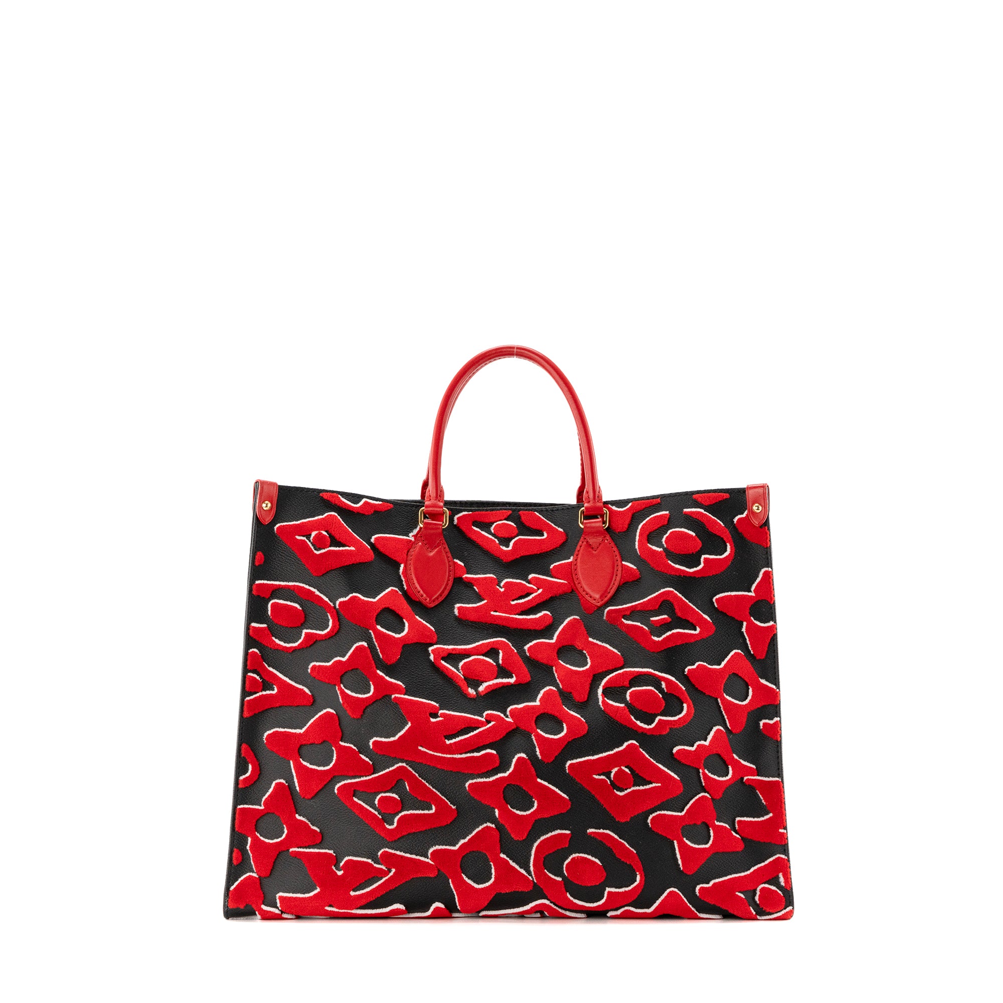LOUIS VUITTON - Sac cabas Onthego GM Louis Vuitton x Urs Fischer en cuir noir et velours rouge édition limitée