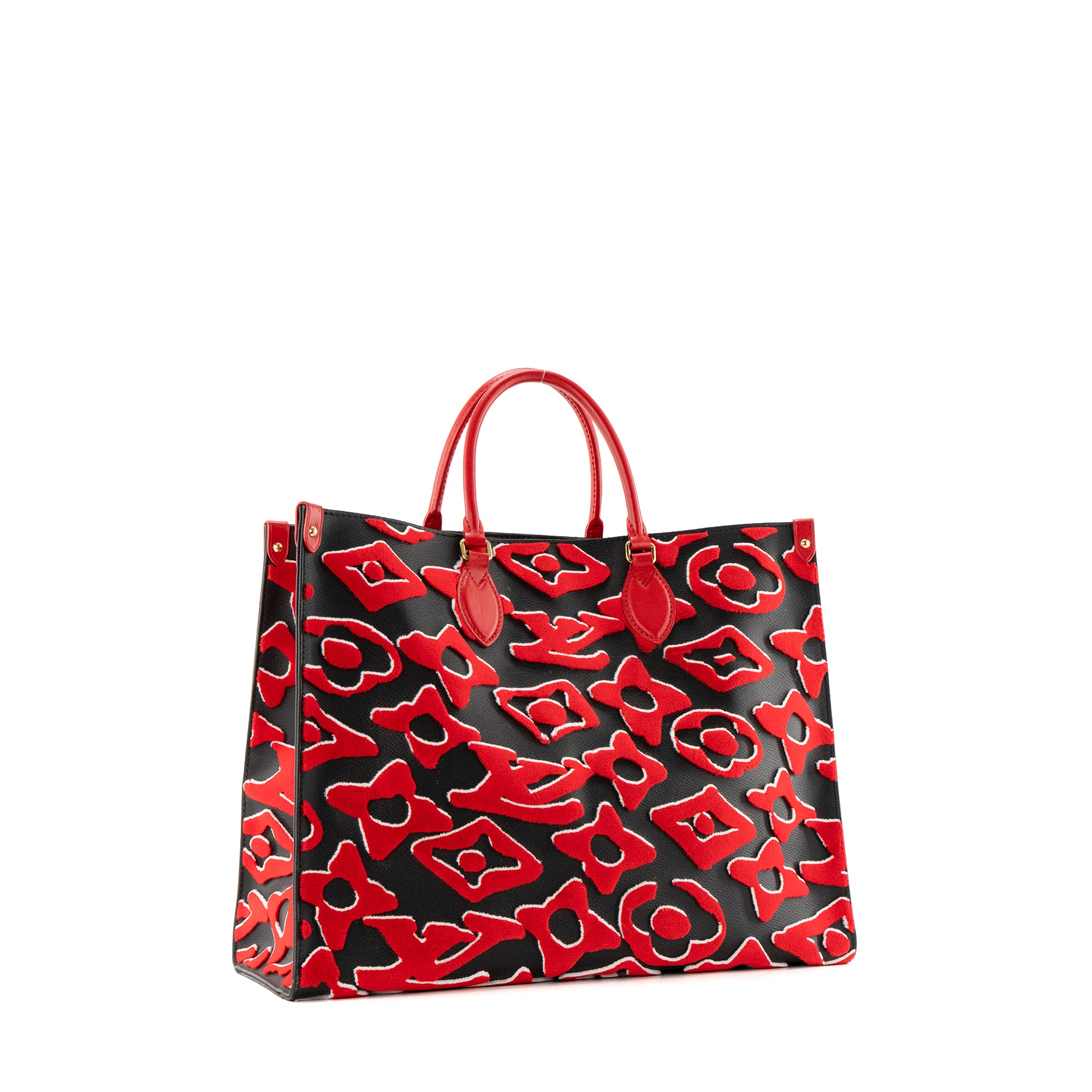LOUIS VUITTON - Sac cabas Onthego GM Louis Vuitton x Urs Fischer en cuir noir et velours rouge édition limitée