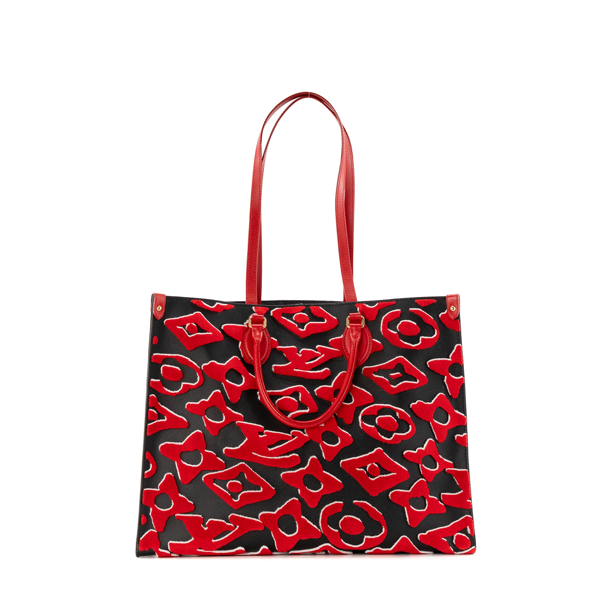 LOUIS VUITTON - Sac cabas Onthego GM Louis Vuitton x Urs Fischer en cuir noir et velours rouge édition limitée