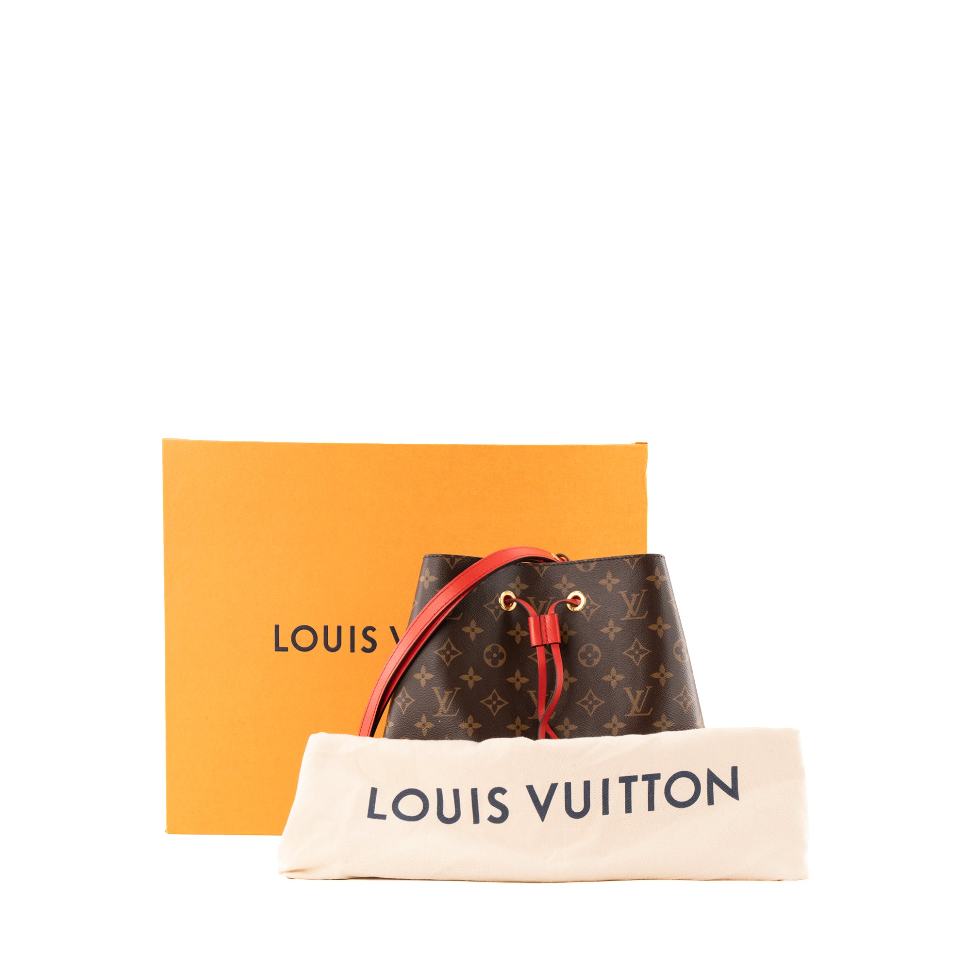 LOUIS VUITTON - Sac à bandoulière NéoNoé MM Louis Vuitton en toile enduite monogrammée marron et cuir rouge