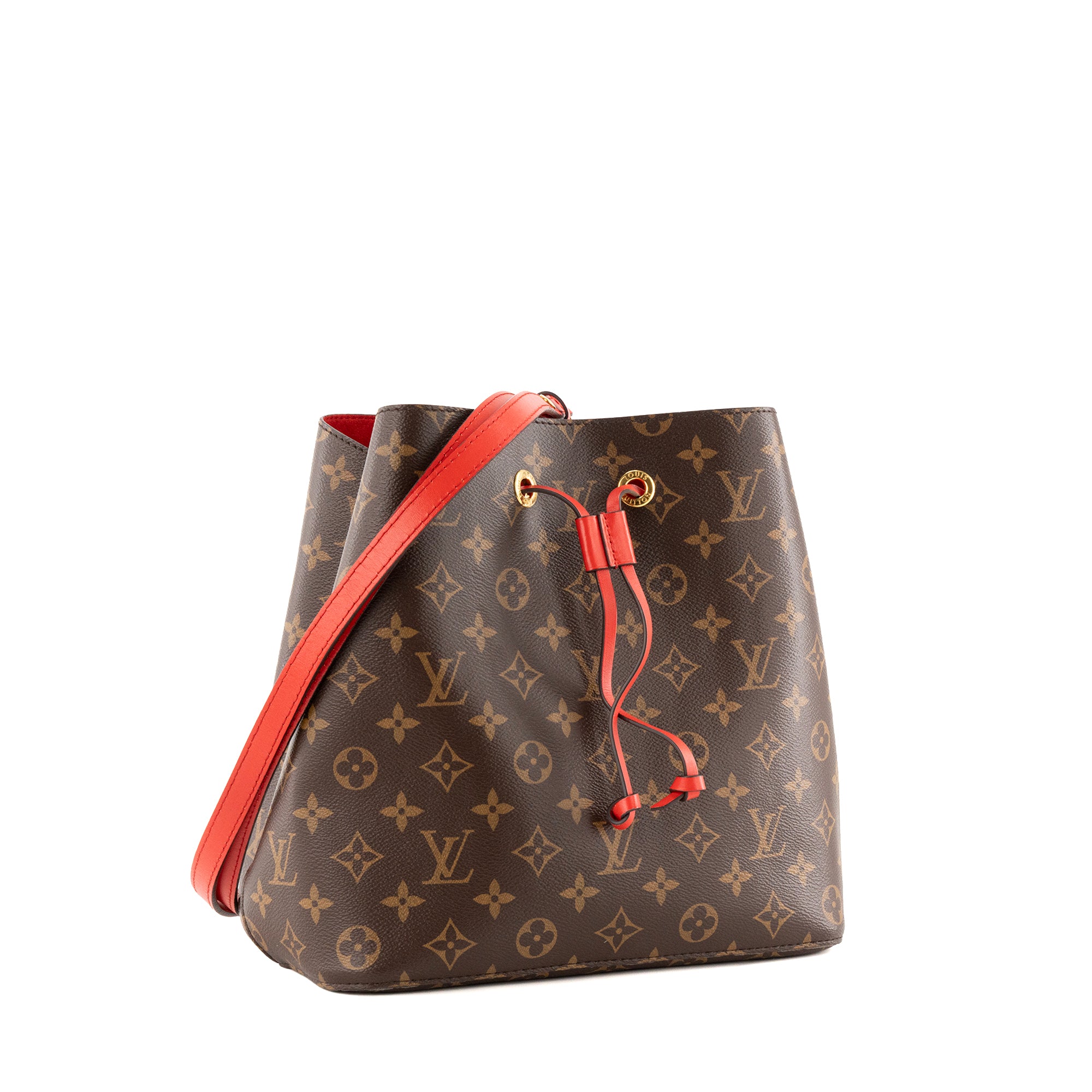 LOUIS VUITTON - Sac à bandoulière NéoNoé MM Louis Vuitton en toile enduite monogrammée marron et cuir rouge