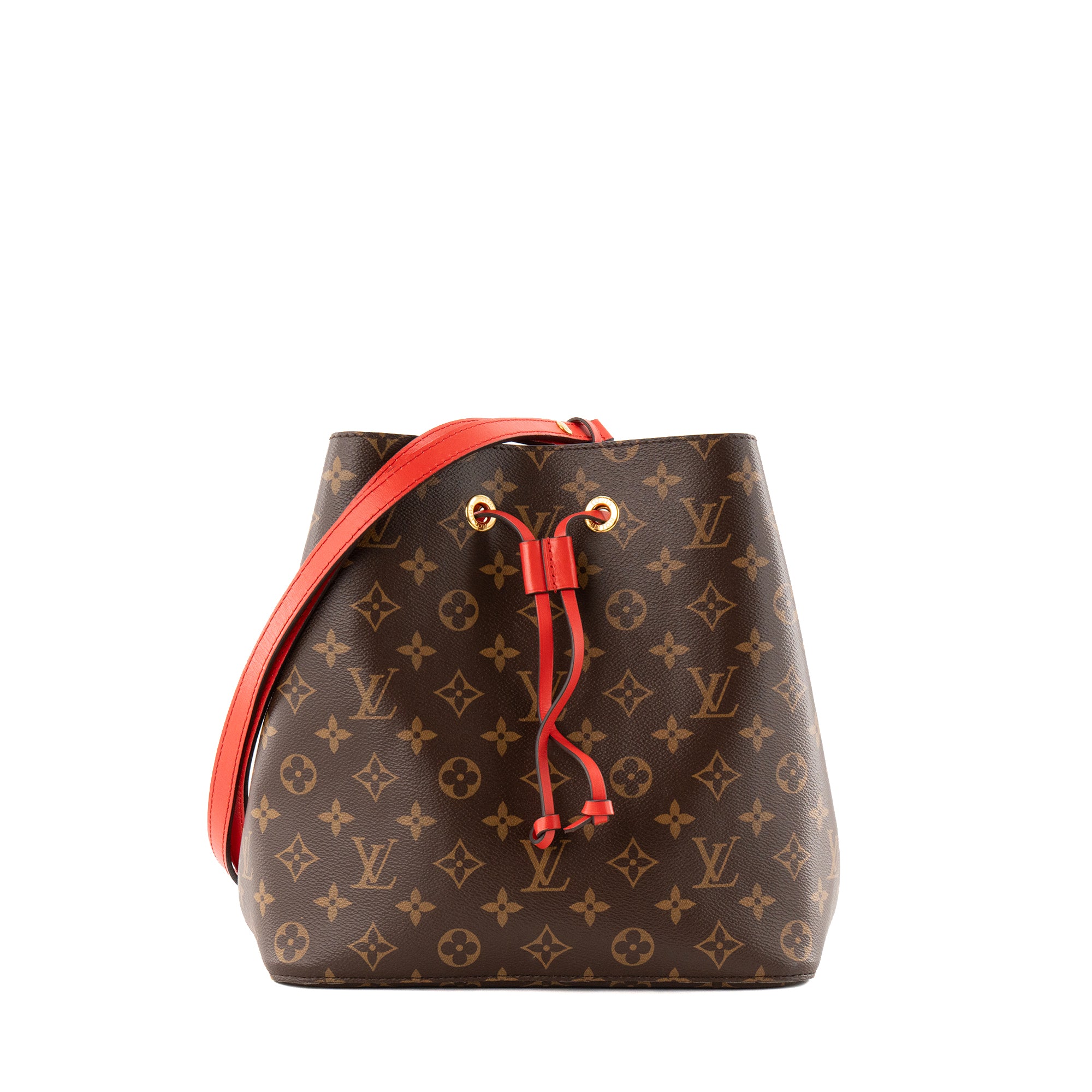 LOUIS VUITTON - Sac à bandoulière NéoNoé MM Louis Vuitton en toile enduite monogrammée marron et cuir rouge