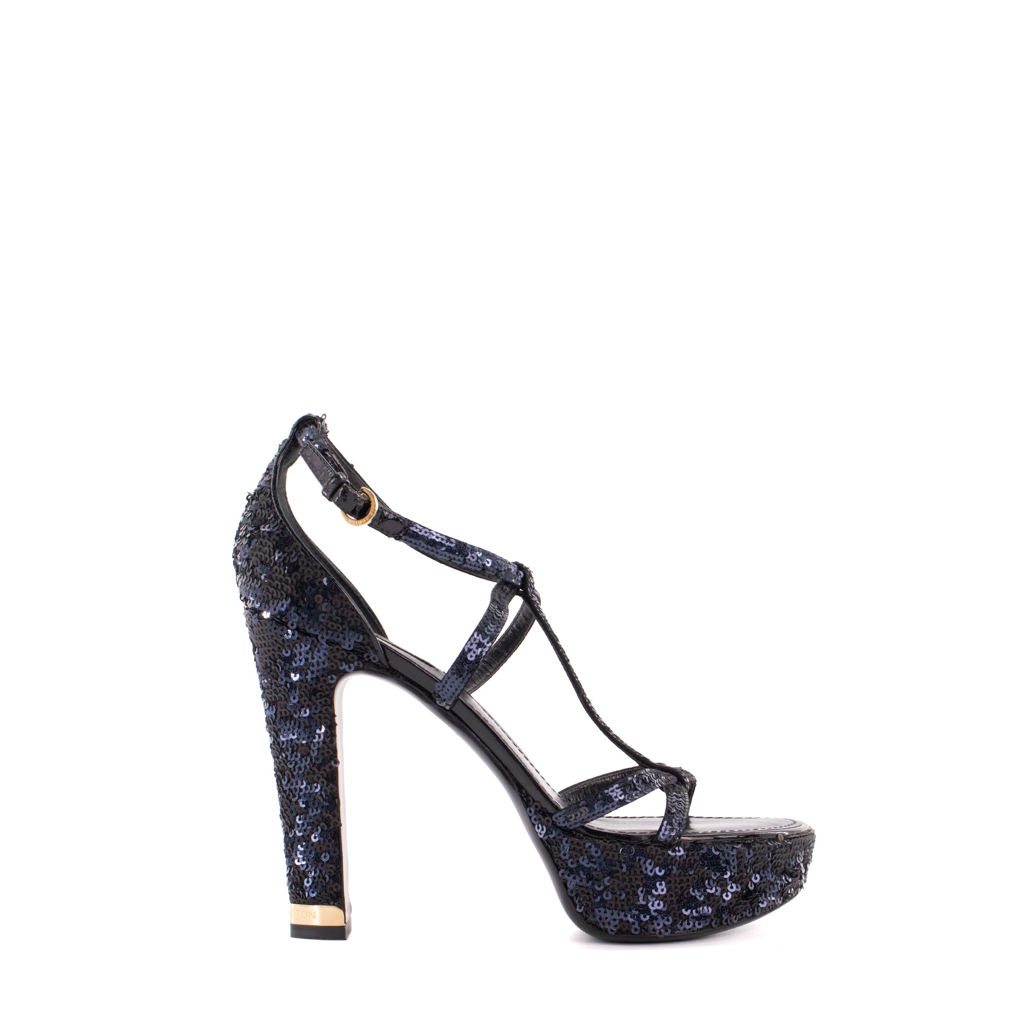 LOUIS VUITTON - Sandales à talon Louis Vuitton à sequins bleu marine (T38,5)