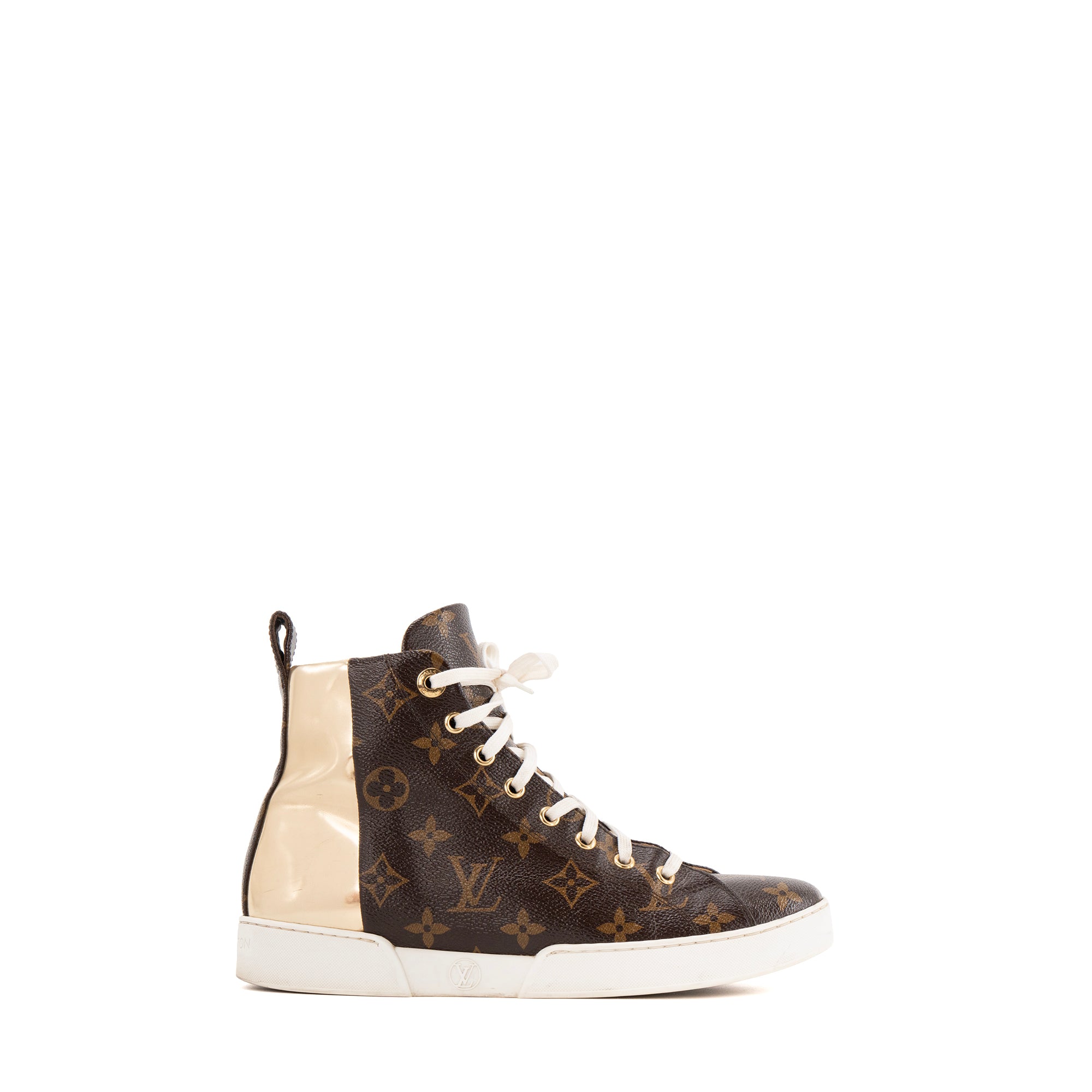 LOUIS VUITTON - Sneakers Stellar Louis Vuitton en toile enduite monogrammée et cuir métallisé doré (37,5)