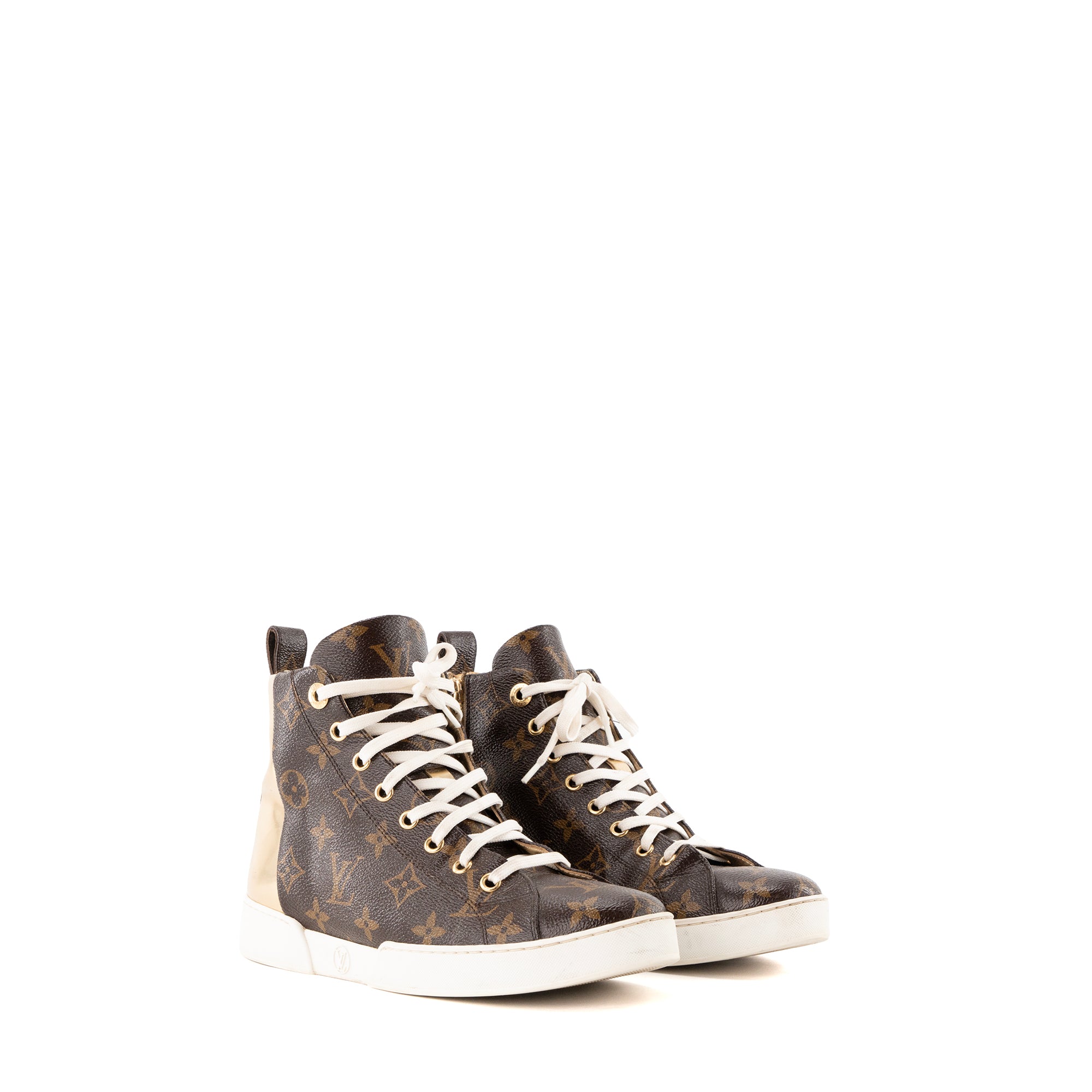 LOUIS VUITTON - Sneakers Stellar Louis Vuitton en toile enduite monogrammée et cuir métallisé doré (37,5)
