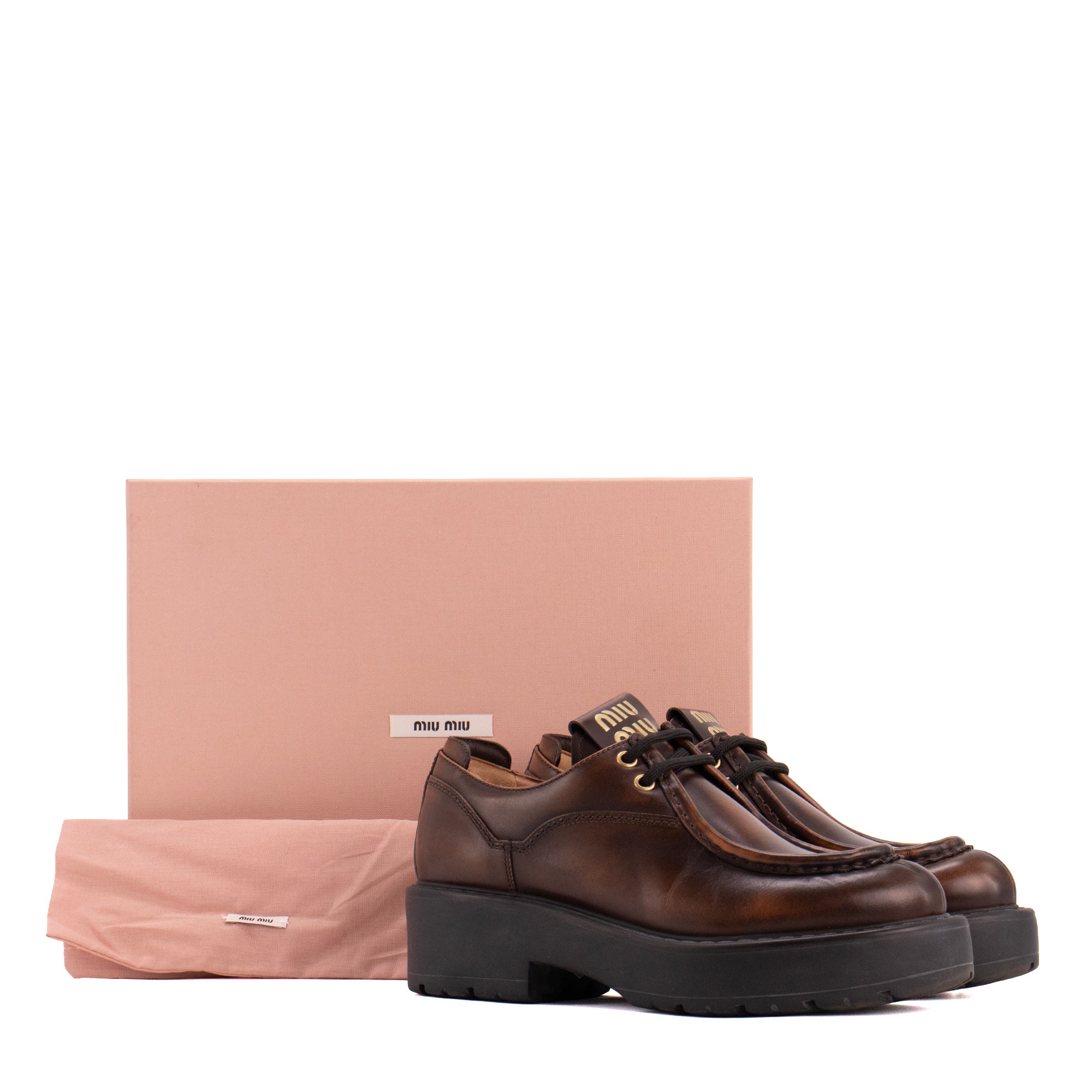 MIU MIU - Mocassins à lacets Miu Miu en cuir fumé marron (T37,5)