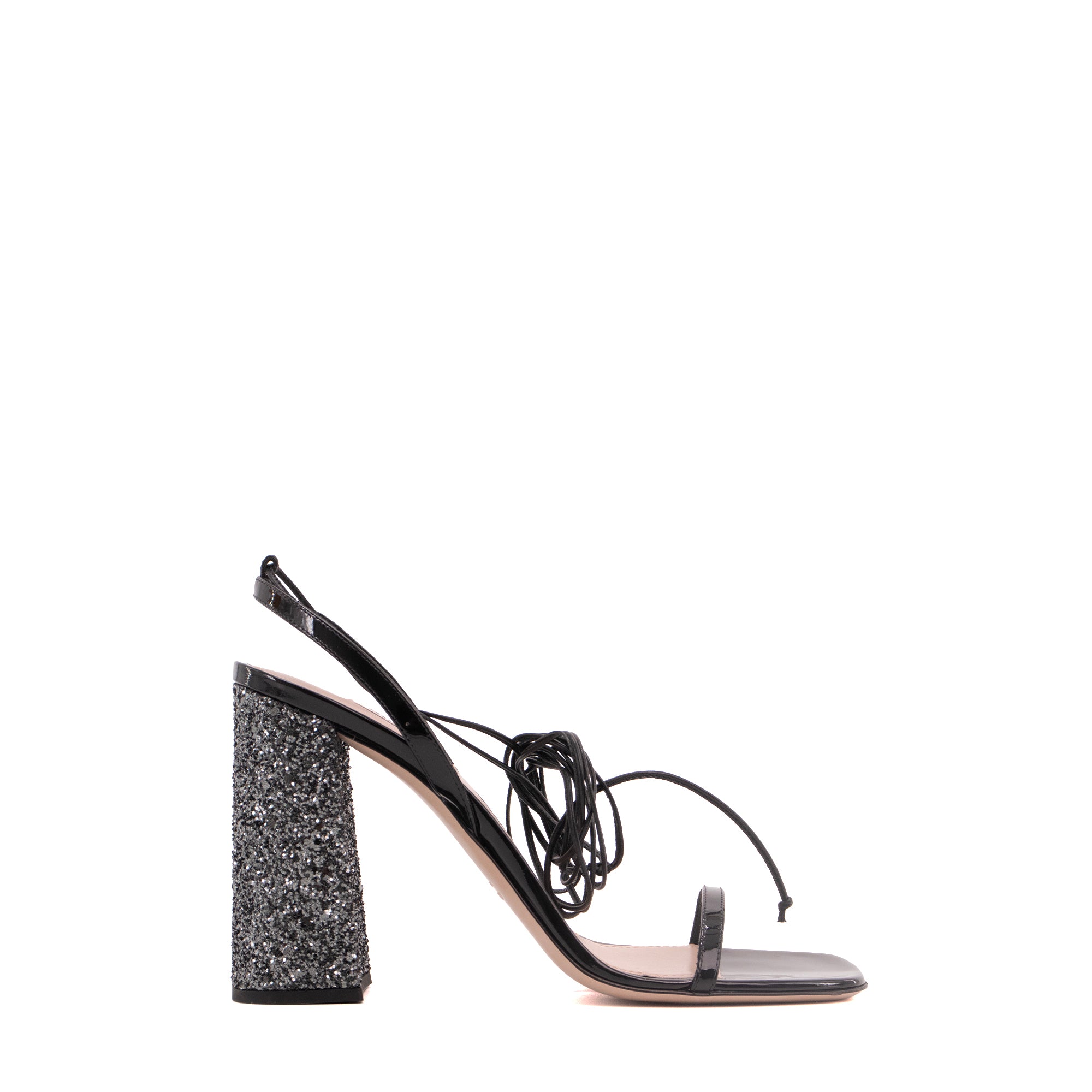 MIU MIU - Sandales à talon Miu Miu en cuir verni noir ornées de strass (T40)