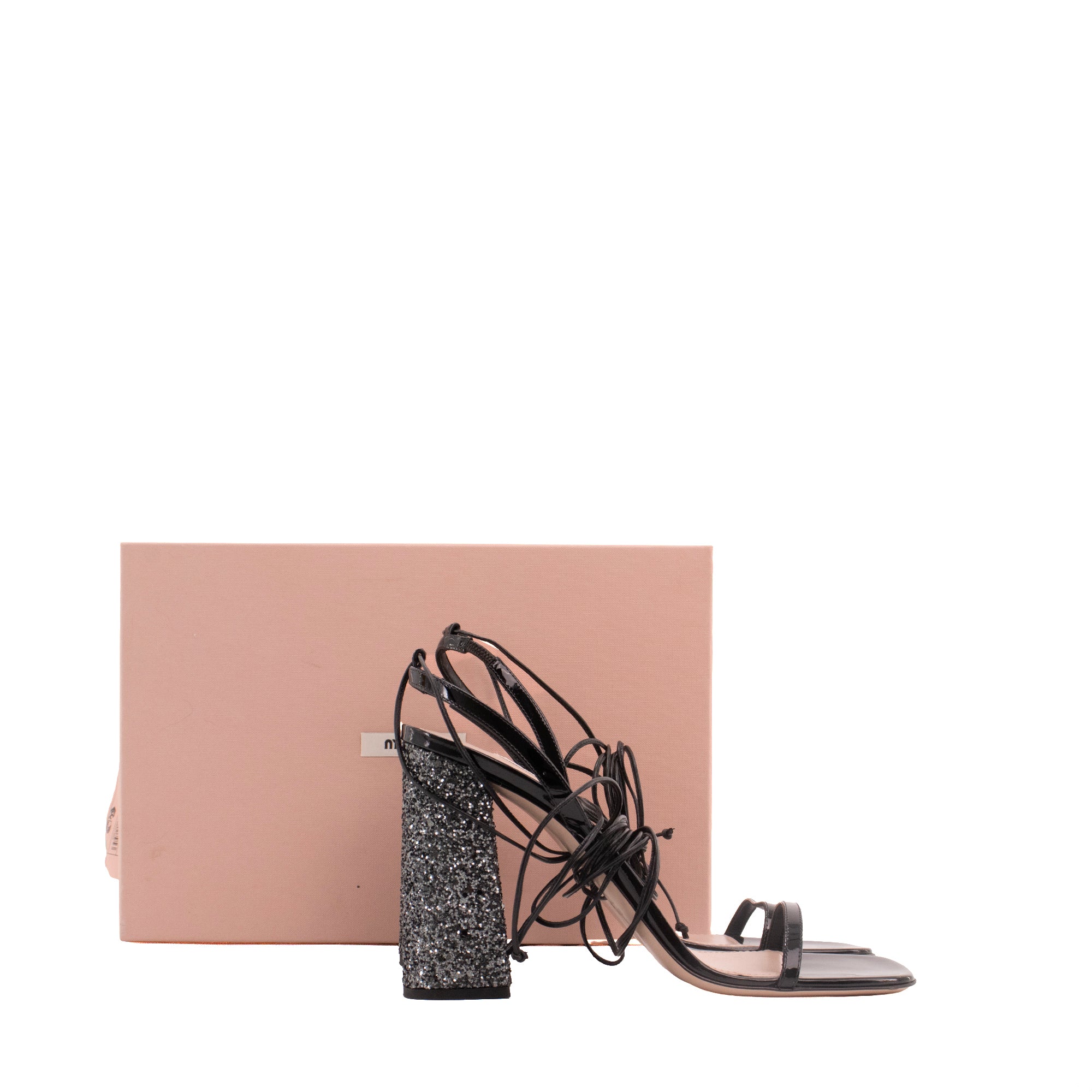 MIU MIU - Sandales à talon Miu Miu en cuir verni noir ornées de strass (T40)