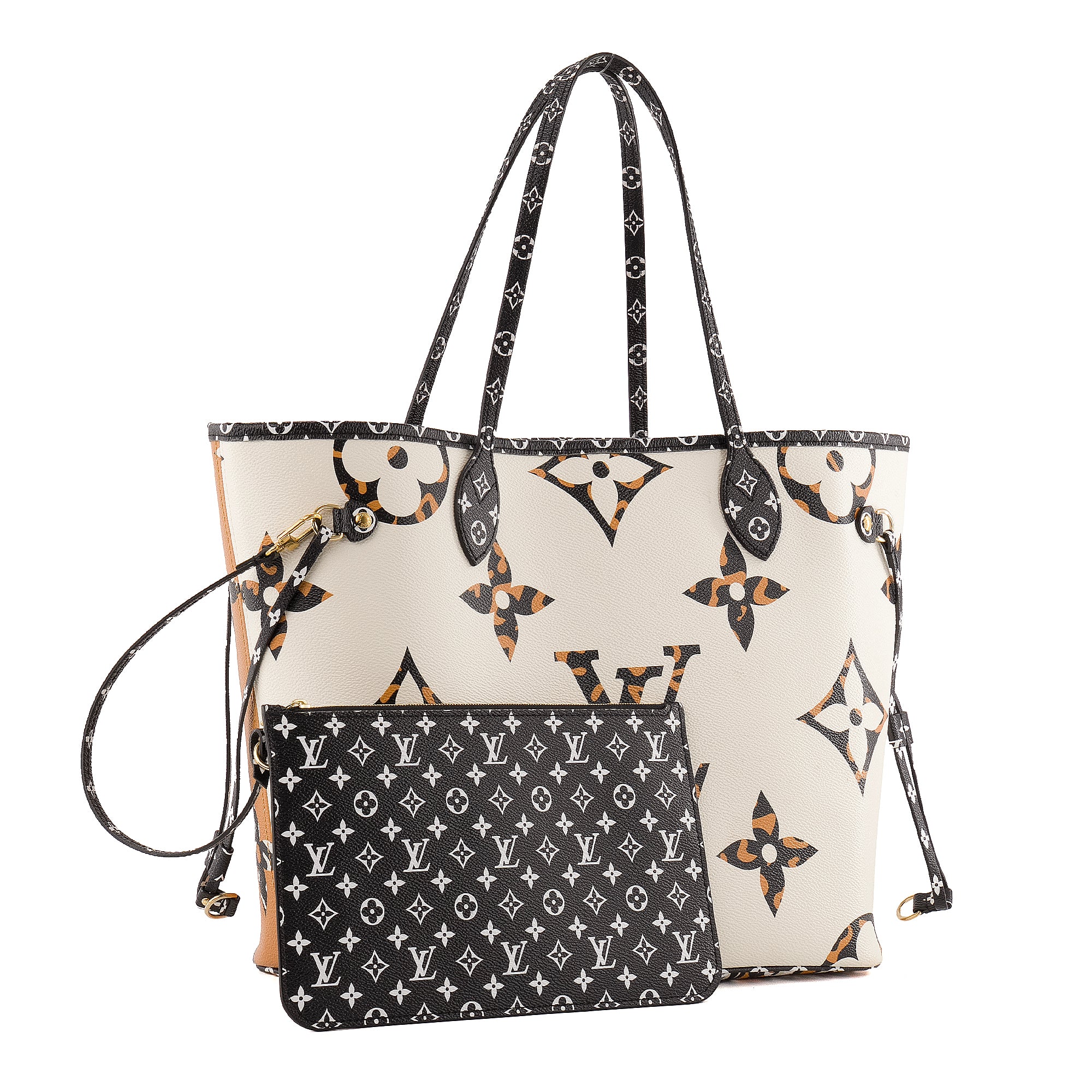 LOUIS VUITTON - Sac cabas Neverfull MM Giant Jungle Léopard Louis Vuitton en toile enduite marron et blanche édition limitée