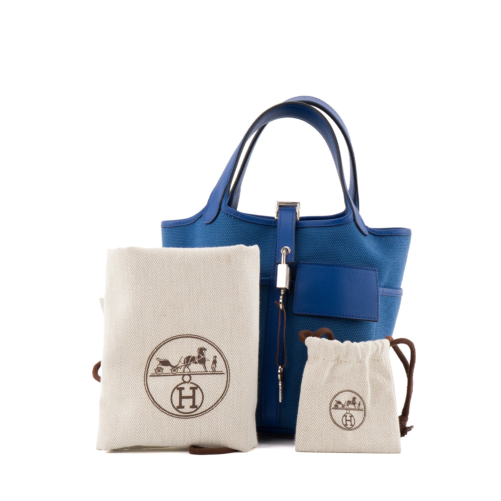 HERMÈS - Sac à main Picotin Cargo 18 Hermès en toile et cuir bleu