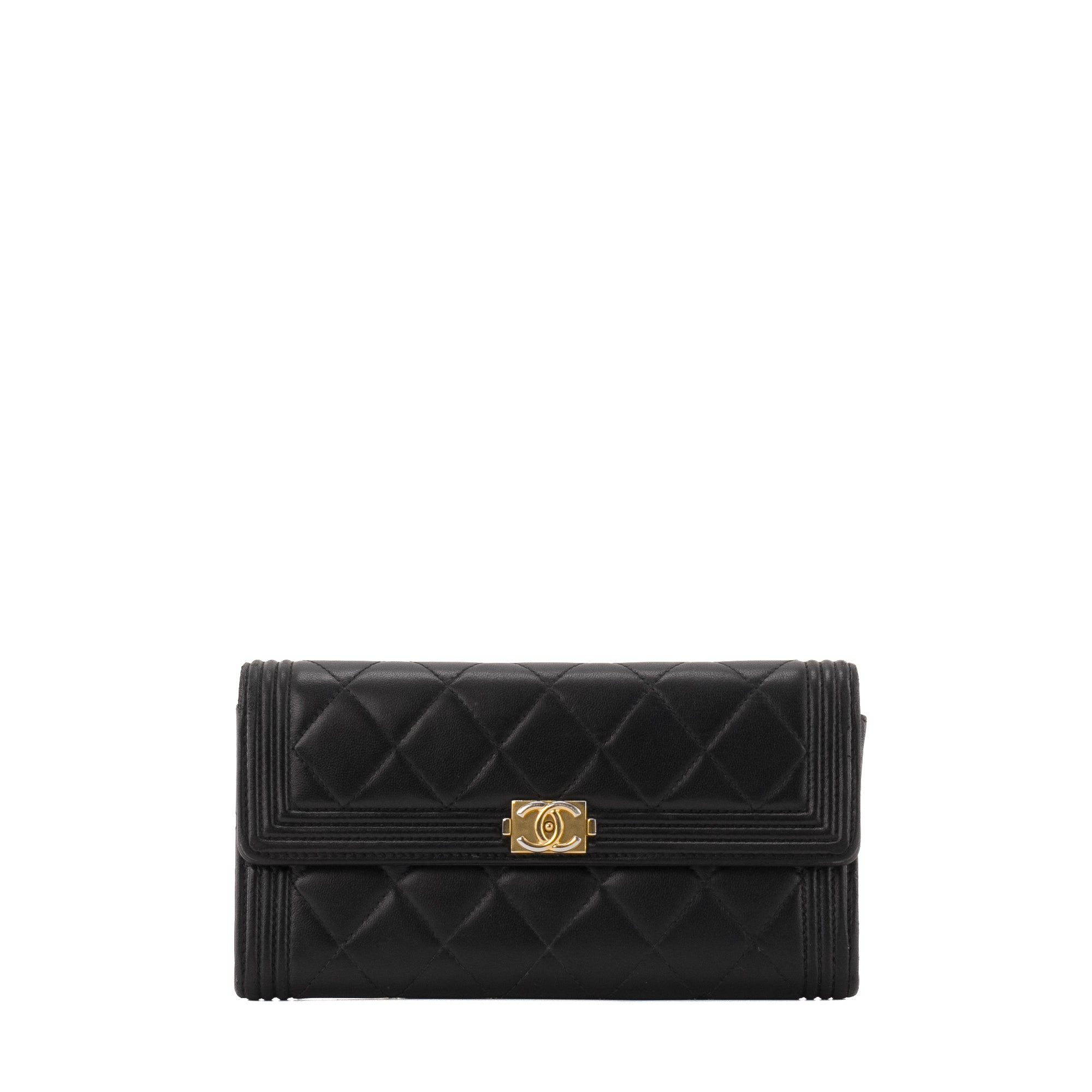 CHANEL - Portefeuille Boy Chanel en cuir lisse noir