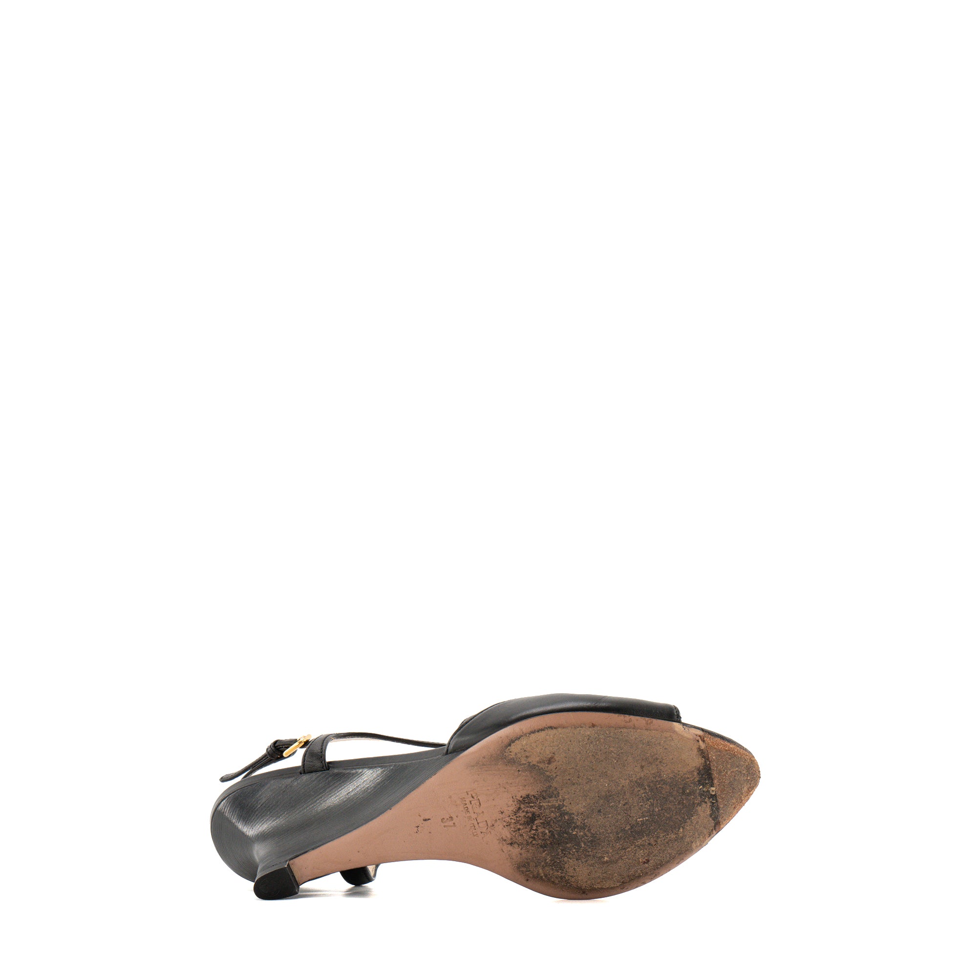 PRADA - Sandales à talons compensées Prada en cuir lisse noir (T37)
