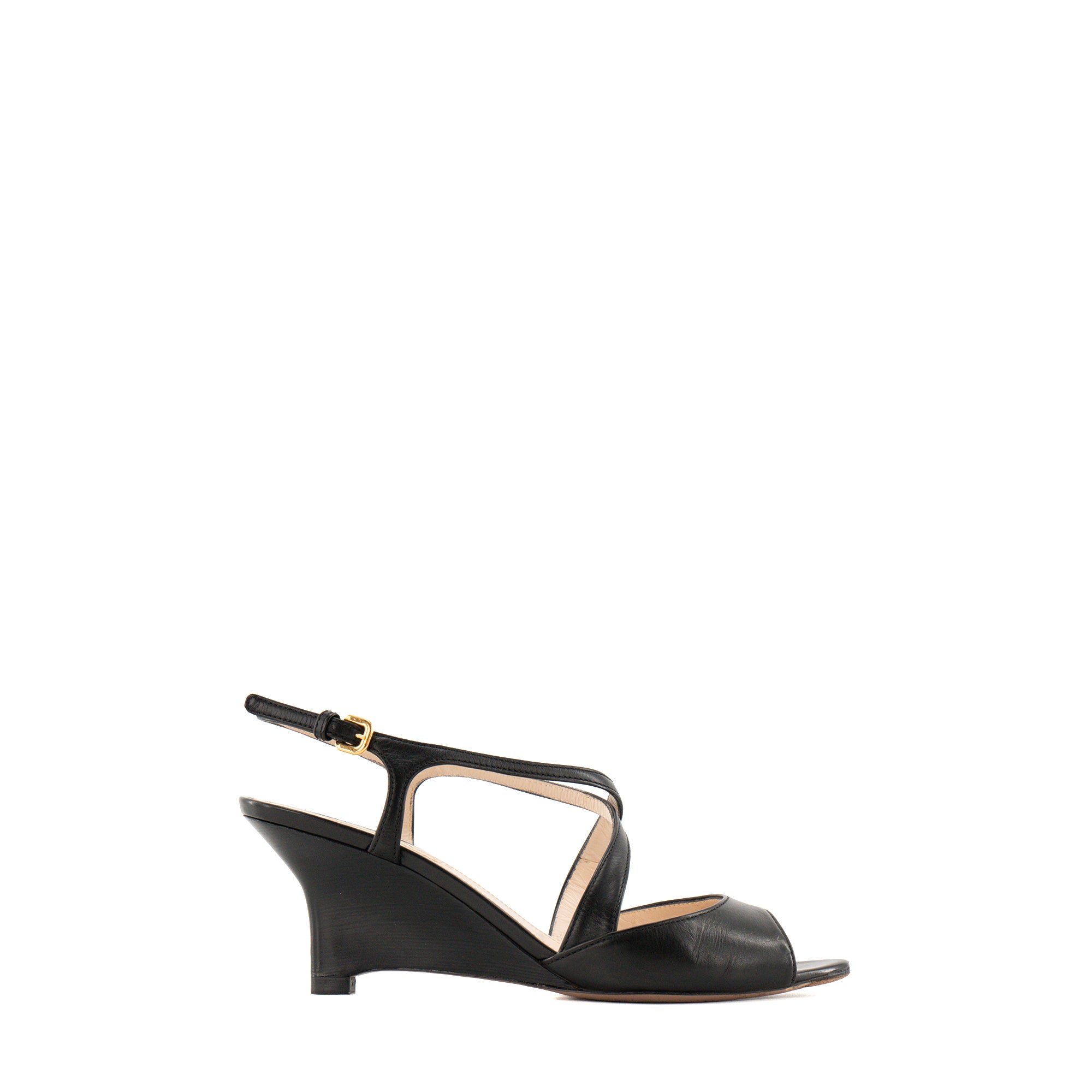 PRADA - Sandales à talons compensées Prada en cuir lisse noir (T37)