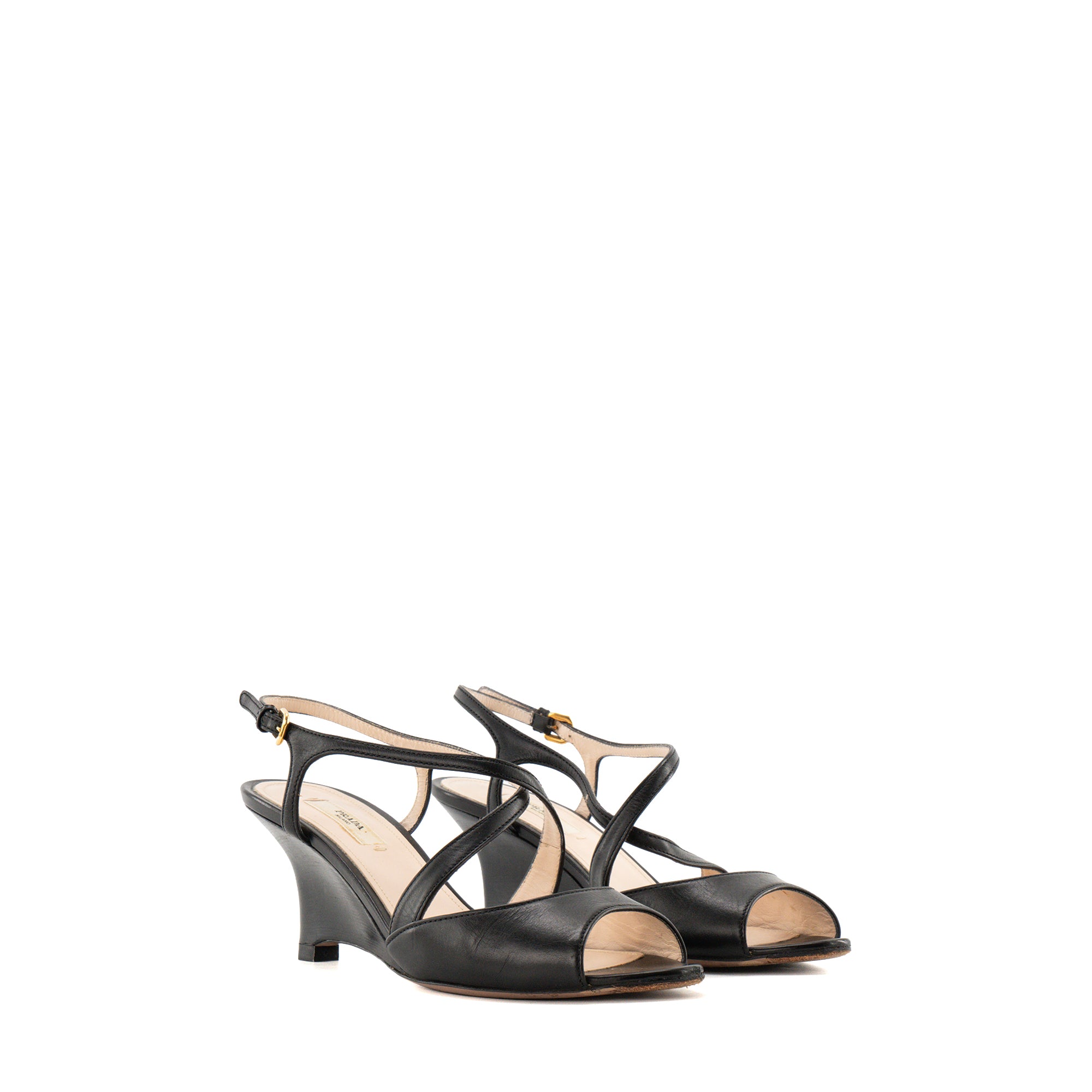 PRADA - Sandales à talons compensées Prada en cuir lisse noir (T37)