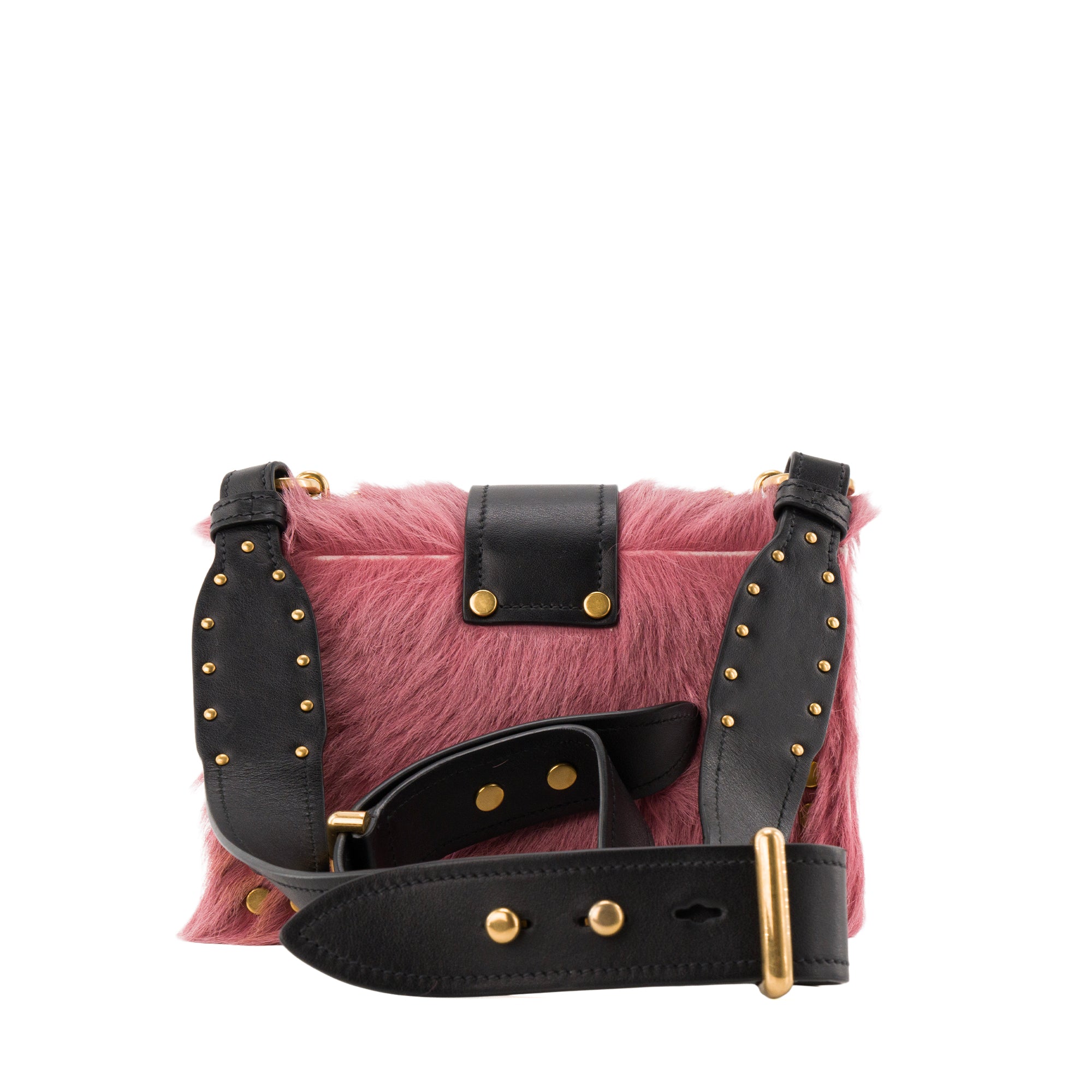 PRADA - Sac à bandoulière Cahier Prada en fourrure rose et cuir lisse noir