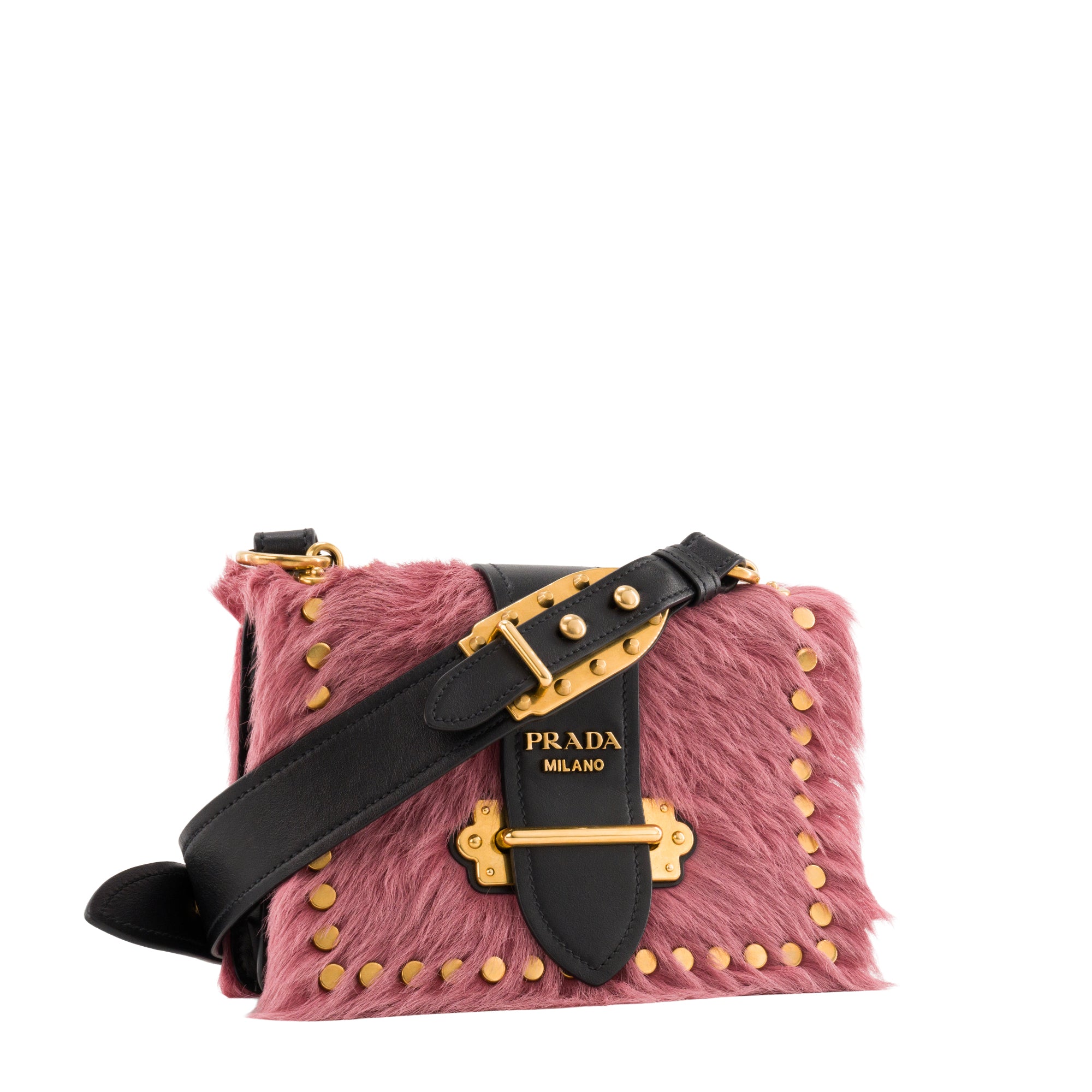 PRADA - Sac à bandoulière Cahier Prada en fourrure rose et cuir lisse noir