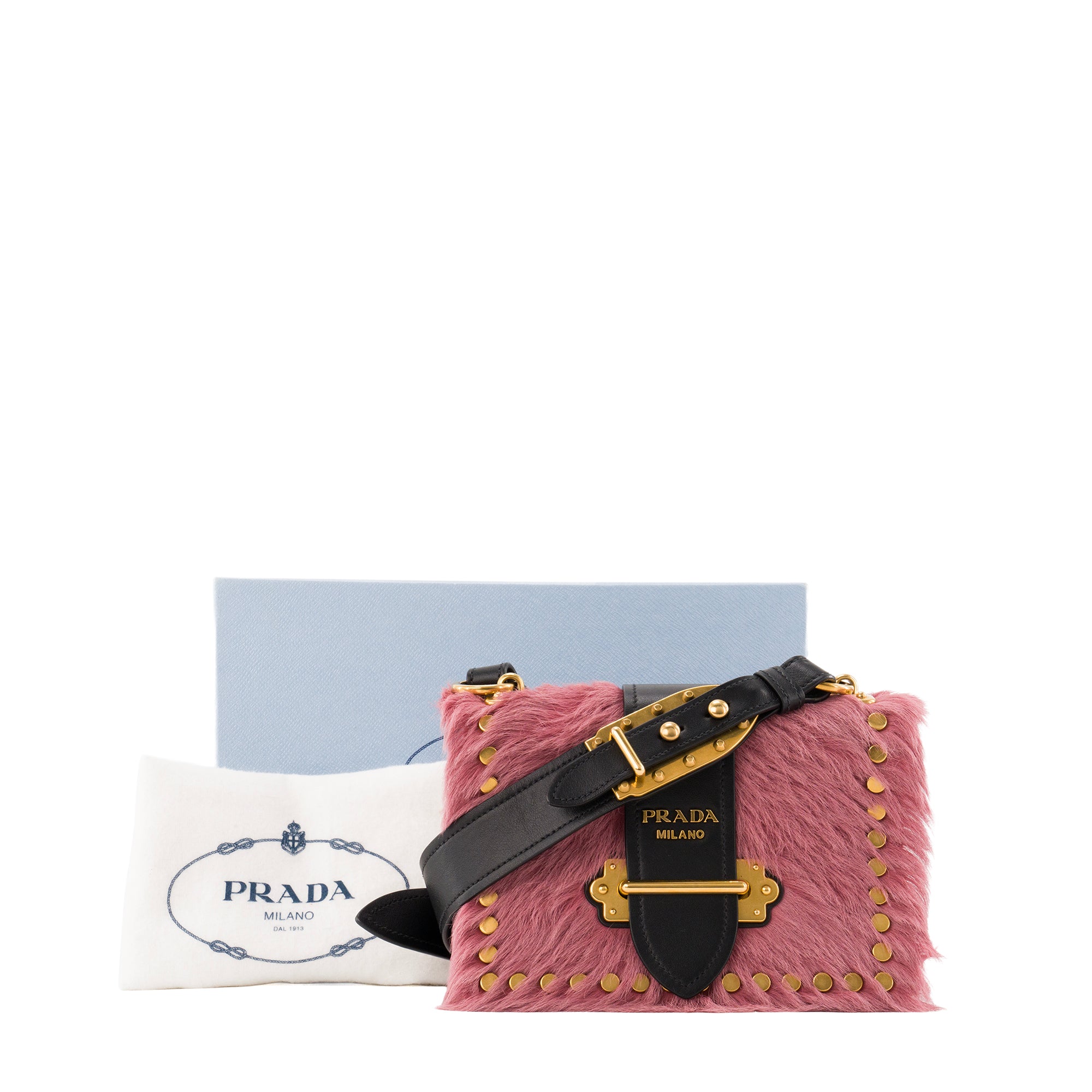PRADA - Sac à bandoulière Cahier Prada en fourrure rose et cuir lisse noir