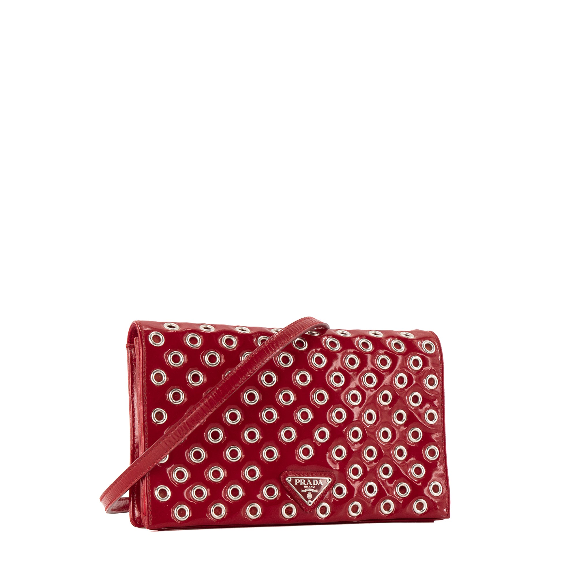 PRADA - Sac à bandoulière Prada en cuir verni rouge et oeillets argentés