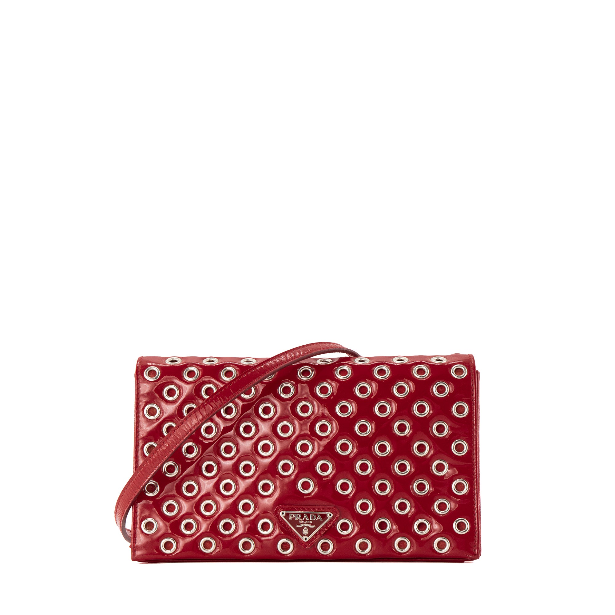PRADA - Sac à bandoulière Prada en cuir verni rouge et oeillets argentés