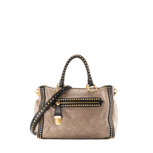 PRADA - Sac à épaule Prada en cuir craquelé marron et noir orné de studs bicolores